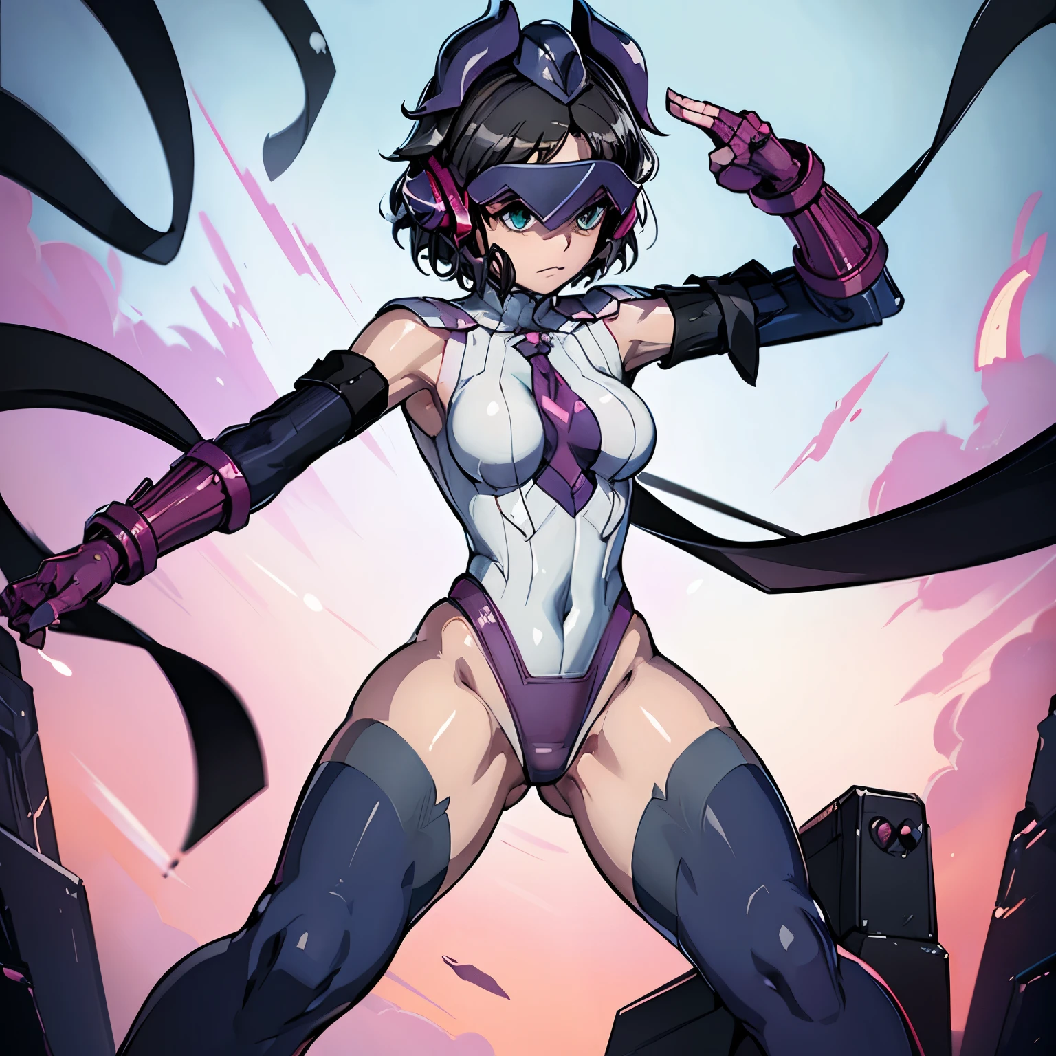 ultra-detailed, Explicit, Beautiful body, Beautiful Nose, Beautiful character design, perfect eyes, perfect face, ultra highres, 4K, beautiful legs, perfect legs, Nice hands, Perfect hand, Masterpiece, Best Quality, Highly detailed, illustration, absurdres, perfect anatomy, street fighter, doll suit, shadaloo doll, dollsuit, expressionless, blank eyes, looking at viewer, red gloves, emotionless, black latex, corrution, mind control, female combatant, full body, hypnotized, unhappy trance, full body suit, ribbed bodysuit, both arms at side, obey, perfect female body, extremely glossy latex, hypnosis, hypnoLora, empty eyes, Mind control device, poses, submissive_pose, Slave, standing straight, standing, standing at attention, hat, necktie, belt, latex, ribbed bodysuit, thighhighs, garter belt, Fighting Stance, extending the right arm from the shoulder into the air with a straightened hand, military, thigh boots, hair ornaments, black hair, short hair, green eyes, (((pixel-perfect, detail-perfect))), solo, 1girl, Kohinata Miku ShenShoujing, Senki Zesshou Symphogear, bangs, ribbon, hair_bow, hair_ribbon, mask, helmet, headgear