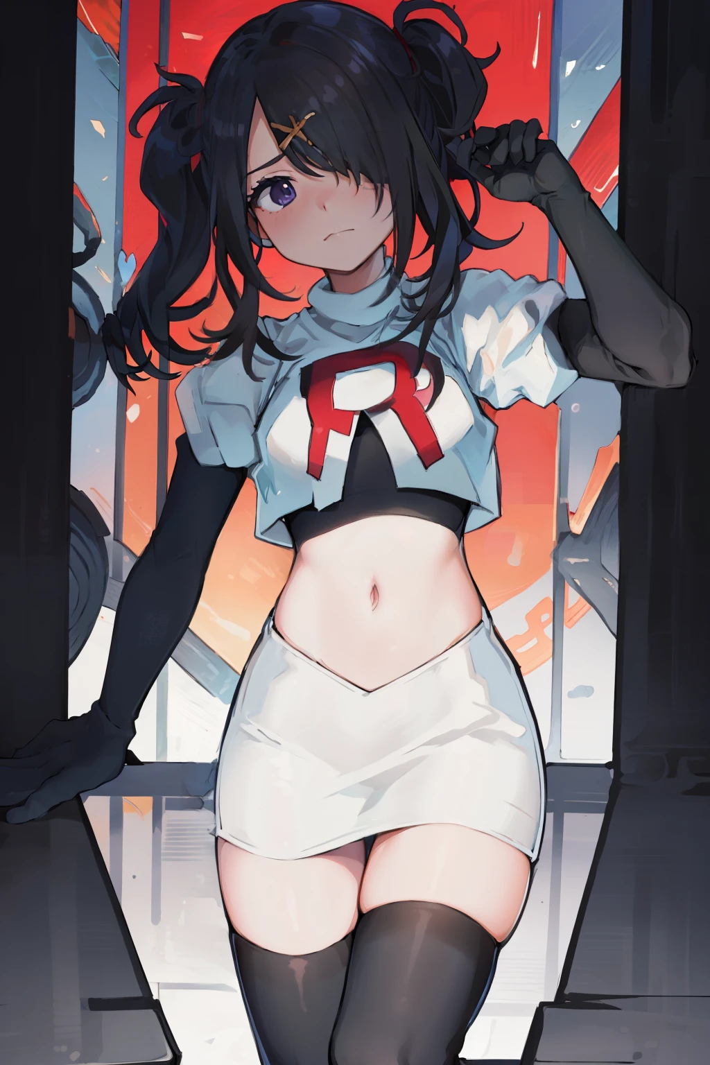 masterpiece, best quality, absurdres, 1girl, ame-chan, depressed, bags under eyes, team rocket,team rocket uniform,white skirt,red letter R,crop top,black thigh-highs,black elbow gloves