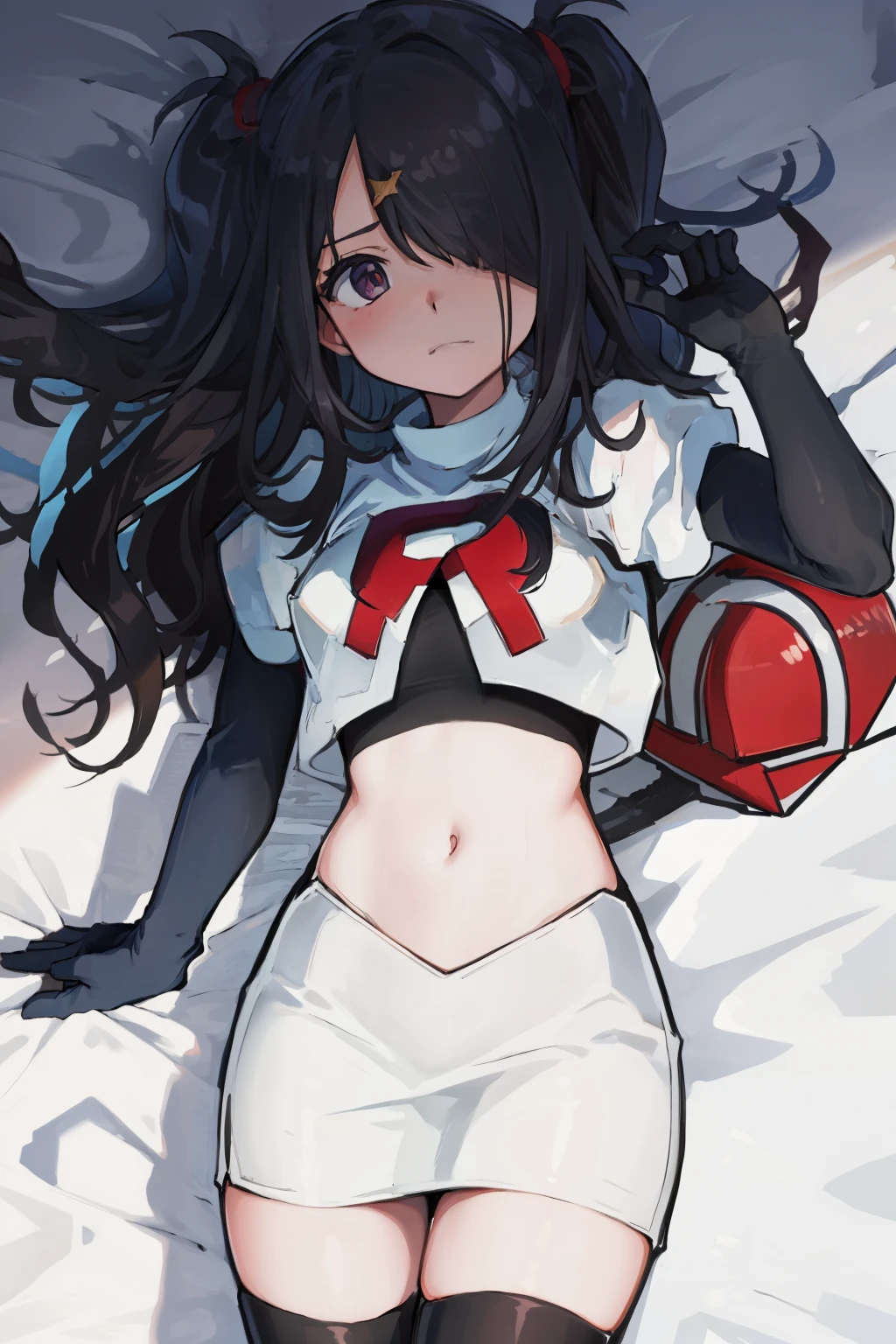 masterpiece, best quality, absurdres, 1girl, ame-chan, depressed, bags under eyes, team rocket,team rocket uniform,white skirt,red letter R,crop top,black thigh-highs,black elbow gloves