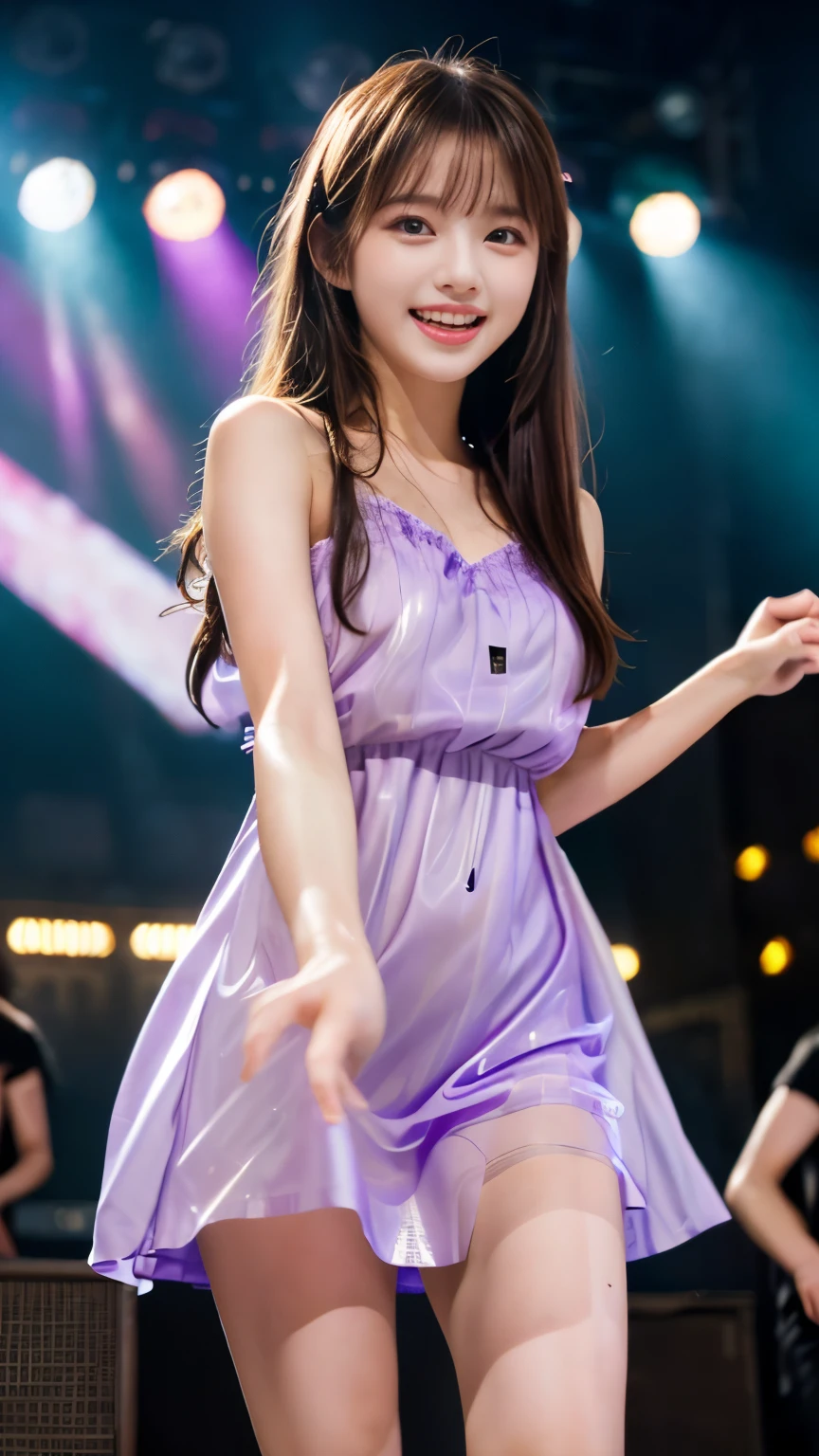 (RAW photo、highest quality)、(realistic、Photoreal:1.3)、highest quality、masterpiece、very delicate and beautiful、A hvery detailed、nffsw、sense of oneness、2k wallpaper、growing up、Beautiful in every detail、masterpiece、light smile、highest quality、Hvery detailed ticker Unity 8K wallpapers、huge file size、Super detailed、High resolution、very detailed、14 years old、(young face)、(unparalleled beauty:1.55)、(light purple translucent dress:1.45)、(I want you to look erotic:1.45)、(Dancing wildly on stage during a gorgeous concert set:1.4)、Please spread your legs wide and show me your panties.、Spotlight、professional lighting、look at the camera