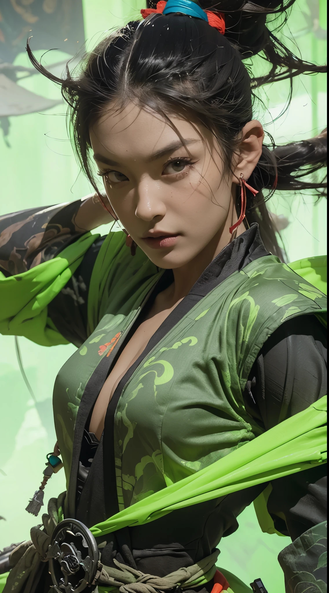 masterpiece, best quality, high resolution, fine detail, amazing and beautiful detail, different_images, 1 girl, moss green jacket black long sleeves, from below, black hair, white-purple eyes, ( big boobs),( big boobs) , (big boobs) , (lower chest), outer space, plants, black pants, symbol of konoha village, purplish-white eyes,