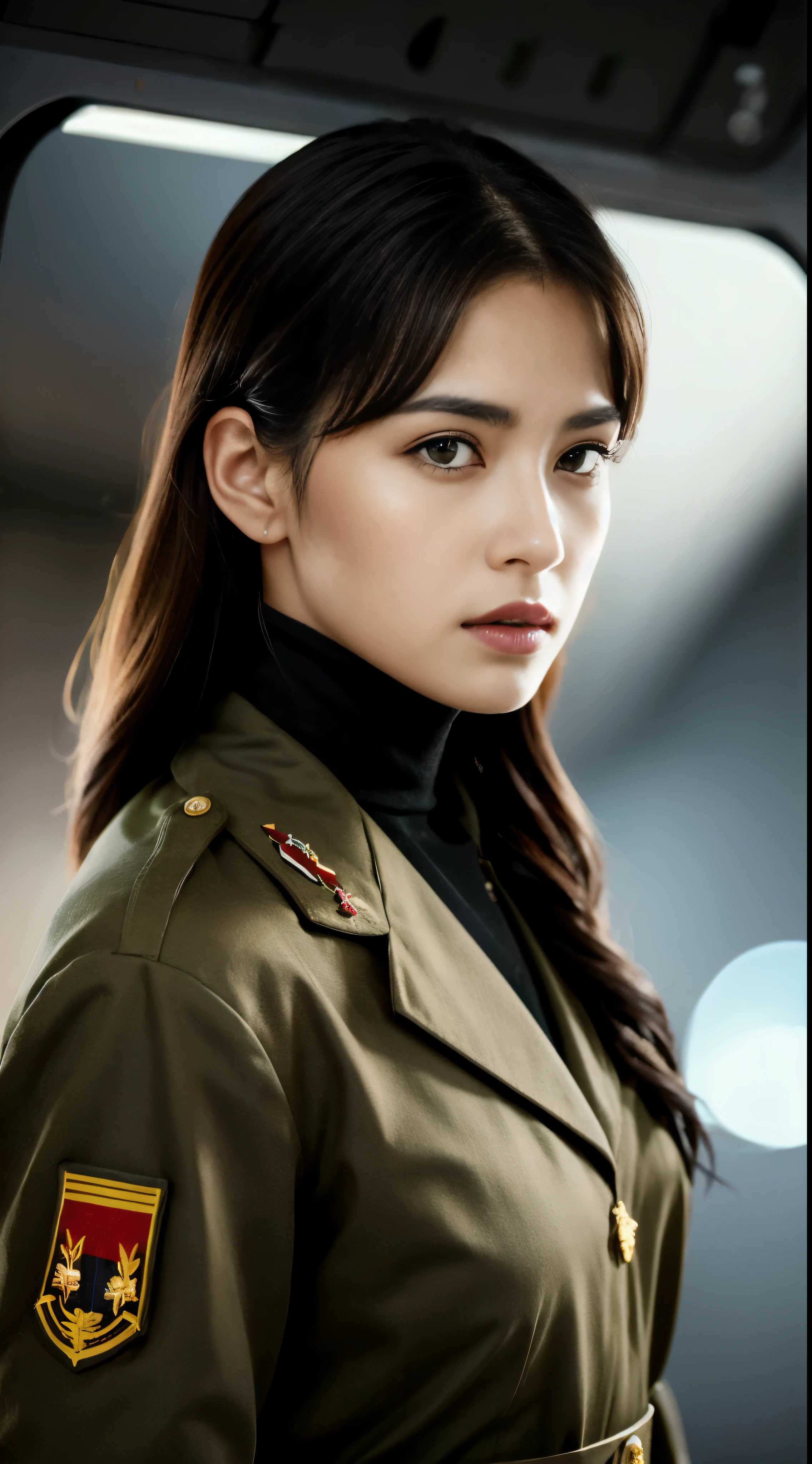 (masterpiece:1.2, best quality), Solo, 1 Lady named Yoru, Photorealistic rendering, Sci-fi film theme, Sci-fi elements, War scene, Upper body focus, Small but firm breasts, Intense gaze (brown eyes), Realistically detailed long black hair, Best Computer-Generated Imagery (CG), Wearing a German Red 2 World War general uniform, Military setting, Displaying the greatness of the army.