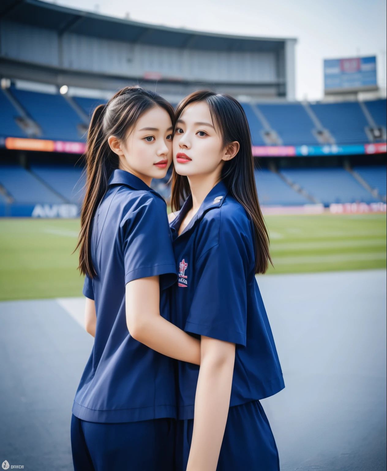 (best quality,10,10,height,Masterpiece:1.2),Special details,(realistic,ภาพrealistic,Realistic photos:1.37),1 cute girl on the football field,shiny, ผิวshiny,only,smile softly,BDclothelue shirt:1.3)),short sleeve,shirt, กางเกงขาlong.,(navy_long_track pants:1.1), ((stadium background:1.3)),Dynamic angle,excited,Face focus,dynamic poses,from behind,focus on ass,Masterpiece, best quality, ultra realistic, hyper-detail, 8K resolution, raw photos, Sharp focus, ((Navy blue shirt:1.1)), short sleeve, เส้นทางlong, perfect body, 2 mature women, 18 years old, Cinema-grade lighting system,blue sweatpants,shirtผ้าออกกำลังกาย,correct anatomy,perfect body, correct body, Sharp face, correct bodyทางกายวิภาค, full body, realistic gestures, long-haired, realistic poses,Wear long shorts................................,ช่วงขาlong,Good shape,carved girl, Slender figure, model, Good shape, beautiful body,blue sweatpants, two girls kissing