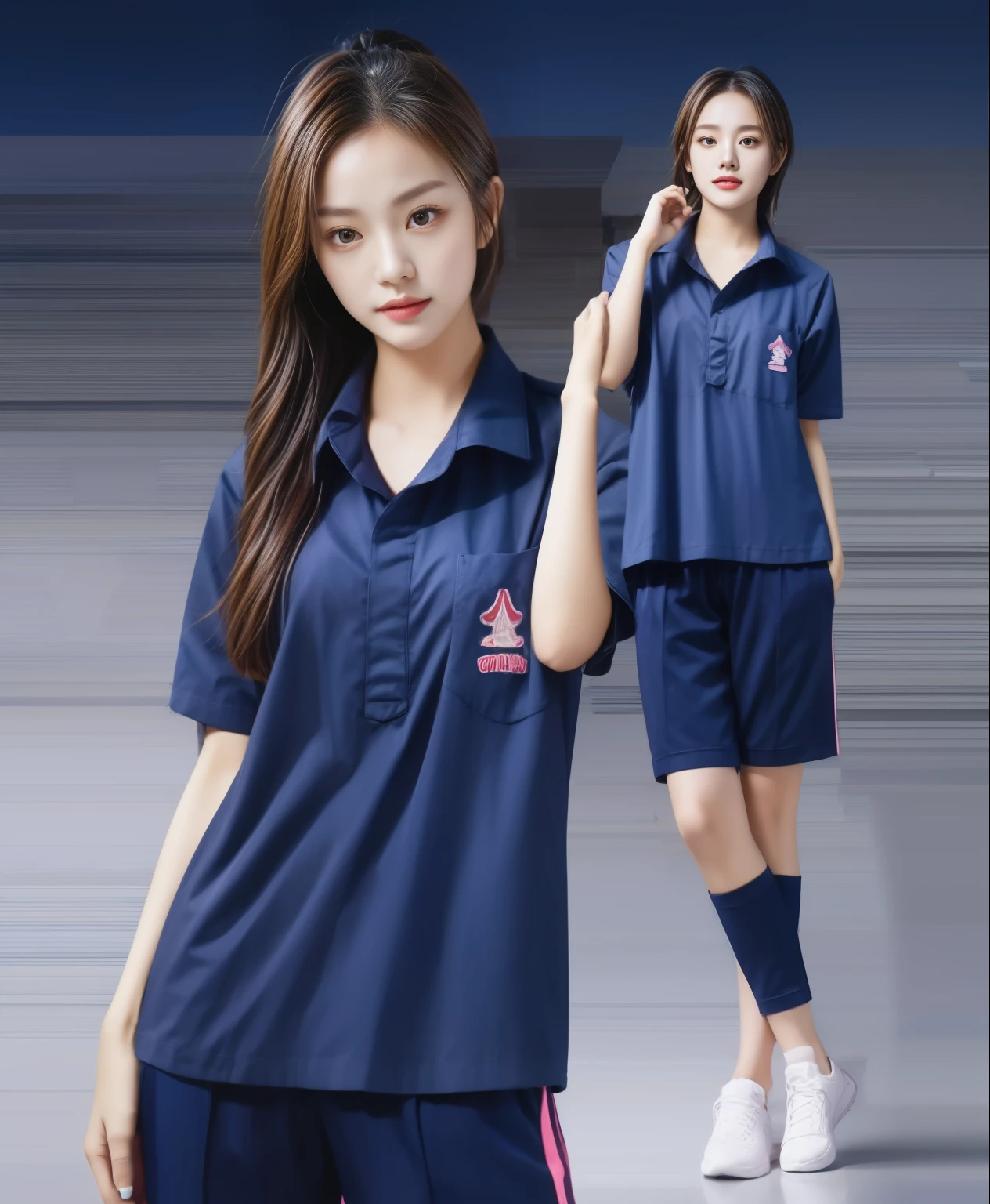 (best quality,10,10,height,Masterpiece:1.2),Special details,(realistic,ภาพrealistic,Realistic photos:1.37),1 cute girl on the football field,shiny, ผิวshiny,only,smile softly,BDclothelue shirt:1.3)),short sleeve,shirt, กางเกงขาlong.,(navy_long_track pants:1.1), ((stadium background:1.3)),Dynamic angle,excited,Face focus,dynamic poses,from behind,focus on ass,Masterpiece, best quality, ultra realistic, hyper-detail, 8K resolution, raw photos, Sharp focus, ((Navy blue shirt:1.1)), short sleeve, เส้นทางlong, perfect body, 2 mature women, 18 years old, Cinema-grade lighting system,blue sweatpants,shirtผ้าออกกำลังกาย,correct anatomy,perfect body, correct body, Sharp face, correct bodyทางกายวิภาค, full body, realistic gestures, long-haired, realistic poses,Wear long shorts................................,ช่วงขาlong,Good shape,carved girl, Slender figure, model, Good shape, beautiful body,blue sweatpants, two girls kissing
