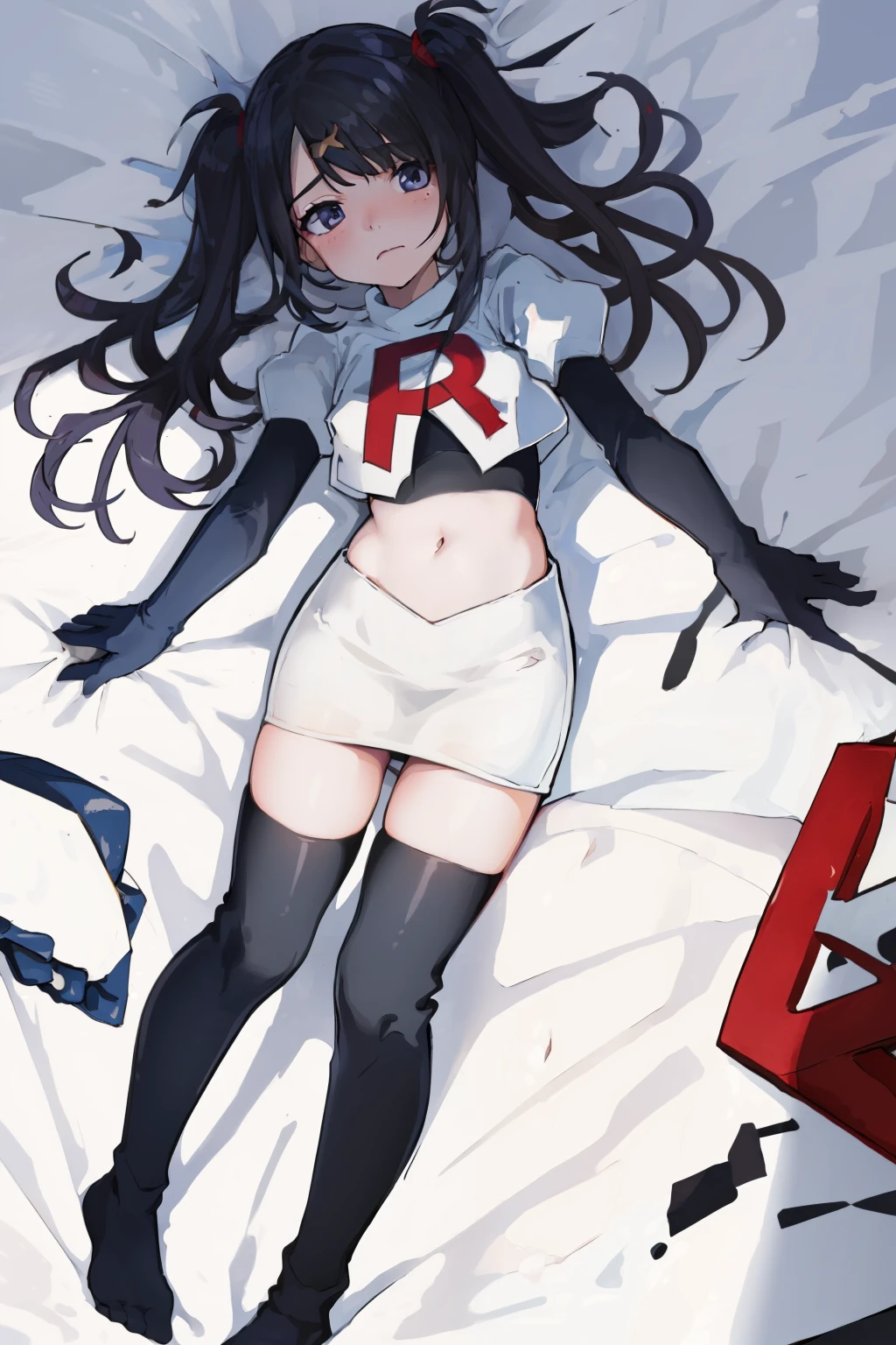 Default, RegensburgOutfit, 1girl, solo, wings, looking at viewer, blush, bangs, parted lips, demon wings, team rocket,team rocket uniform,white skirt,red letter R,crop top,black thigh-highs,black elbow gloves