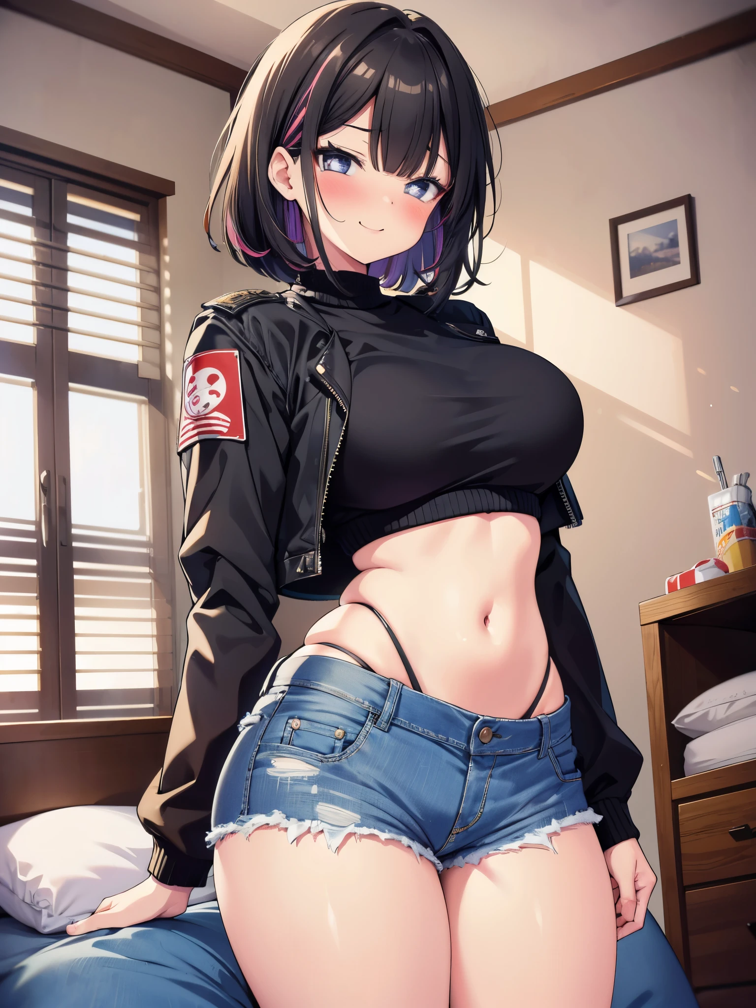 (cowboy shot), (best quality, ultra-high resolution, depth of field:1.2), adult, 1woman, toned body, medium breasts, wide hips, solo, black hair, streaked hair, short hair, bangs, cropped jacket, (black crop top), highleg, (highleg panty:1.2), highleg thong, (denim jeans:1.4), yandere, (blush:1.2), (shaded face:1.4), (grinning), (hands on own cheeks:1.4), looking at the viewer, upturned eyes, bright eyes, head tilt, side view, dim lighting, night, bedroom scenery, (blush:1.2), yandere, sadistic smile, glowing eyes, full-face blush, heart-shaped pupils,highleg panties