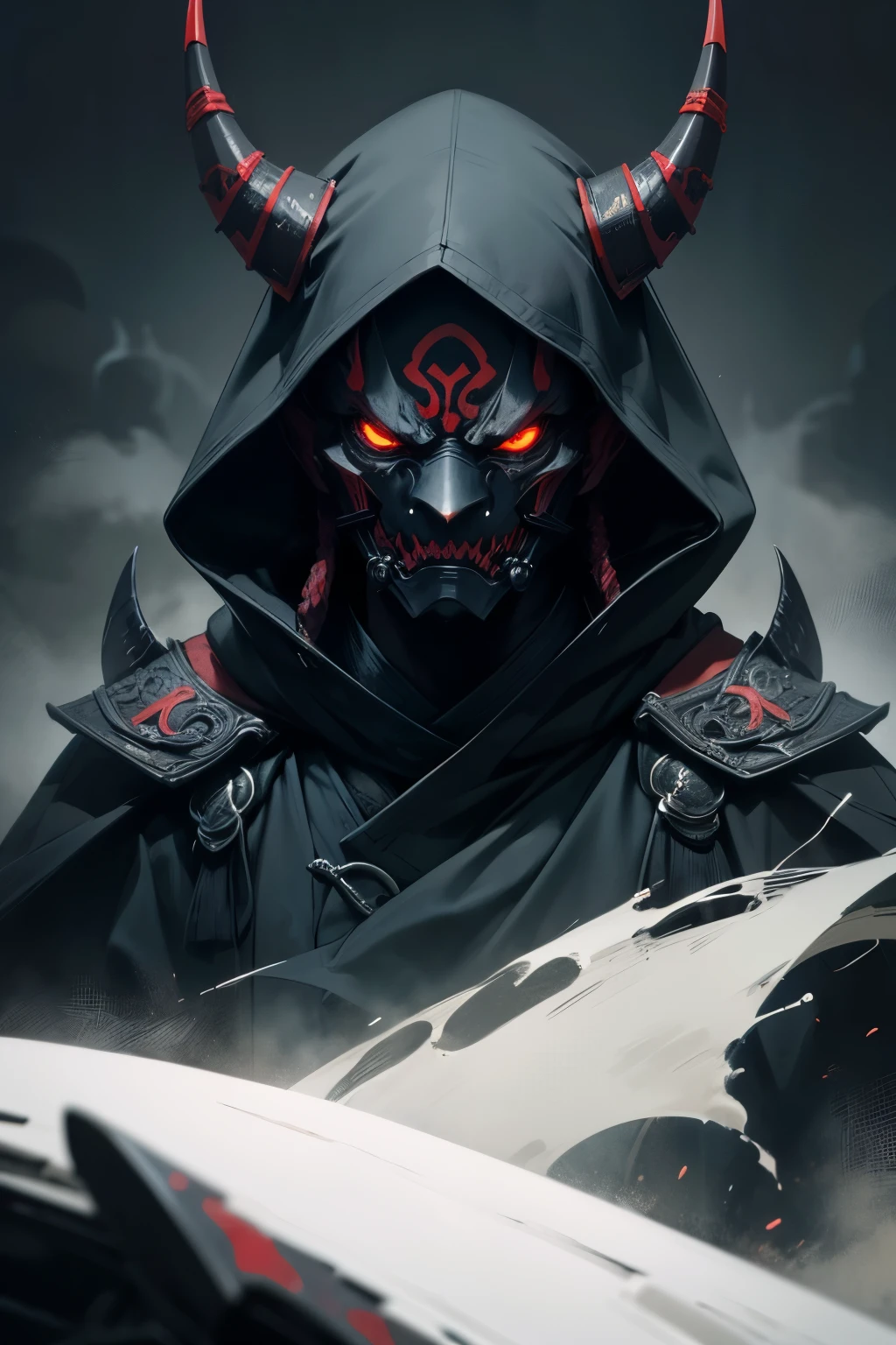 best quality,4k,highres,masterpiece:1.2, ultra-detailed, realistic:1.37, dark art, portraits, eerie atmosphere, mysterious lighting, terrifying presence, menacing armor, grim expression, sinister eyes, two twisted horns, sharp sword, ominous cloak, dark clouds, haunting shadows, intense battle scene, dramatic composition, simple hannya oni mask, male assassin ninja, cyberpunk mask, fully hooded, no ears