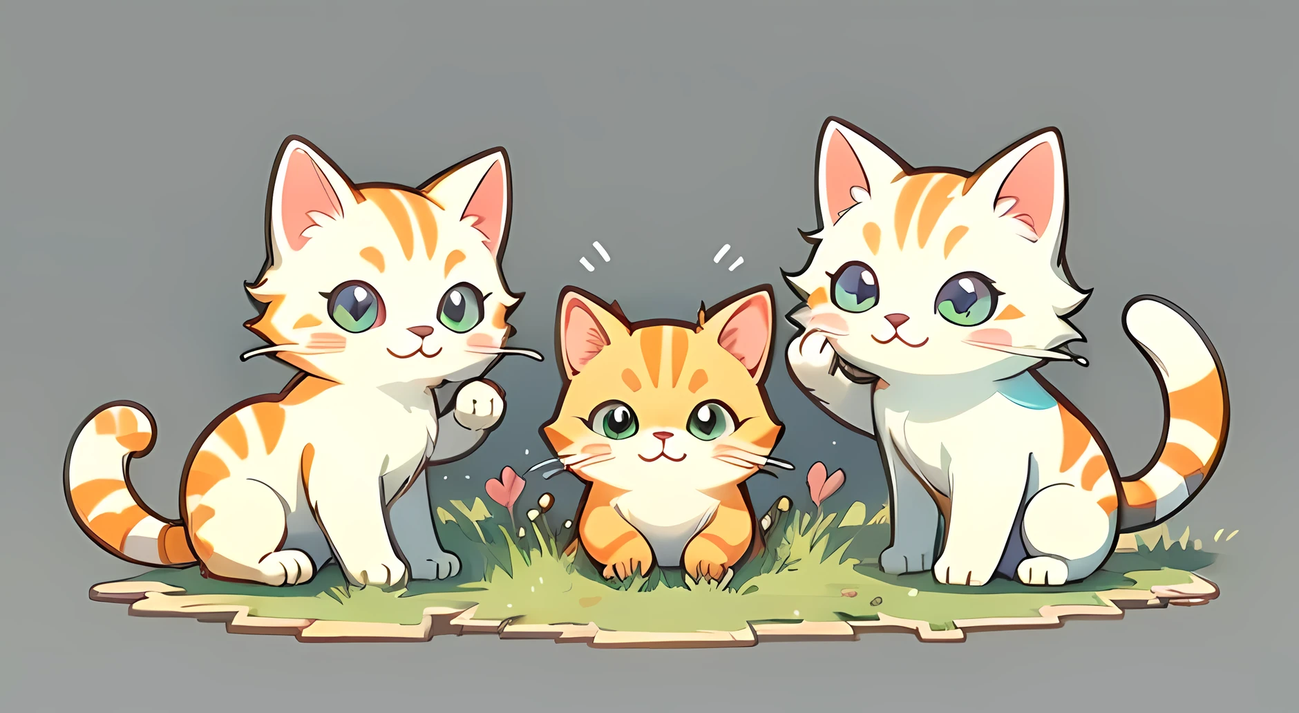 group of cute cats dining on grass, watercolor, simple background, minimal, cute, small, pastel colour, vector style,