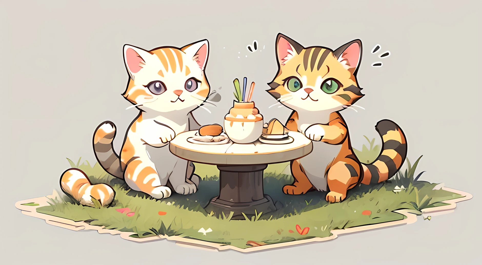 group of cute cats dining on grass, watercolor, simple background, minimal, cute, small, pastel colour, vector style,