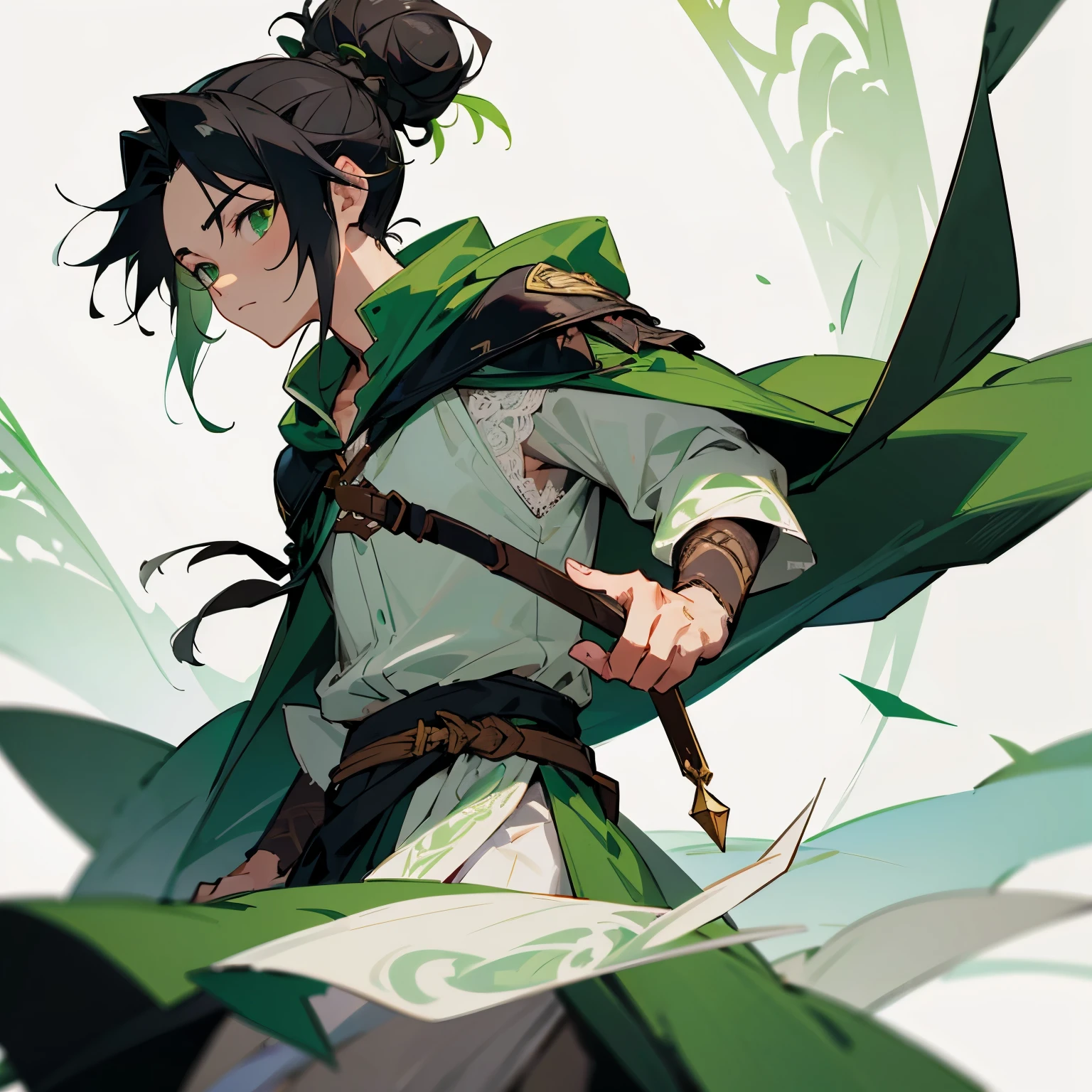 A boy with black hair tied up in a bun. Has green eyes. Wears a green adventurer's cloak with white lace shirt underneath.