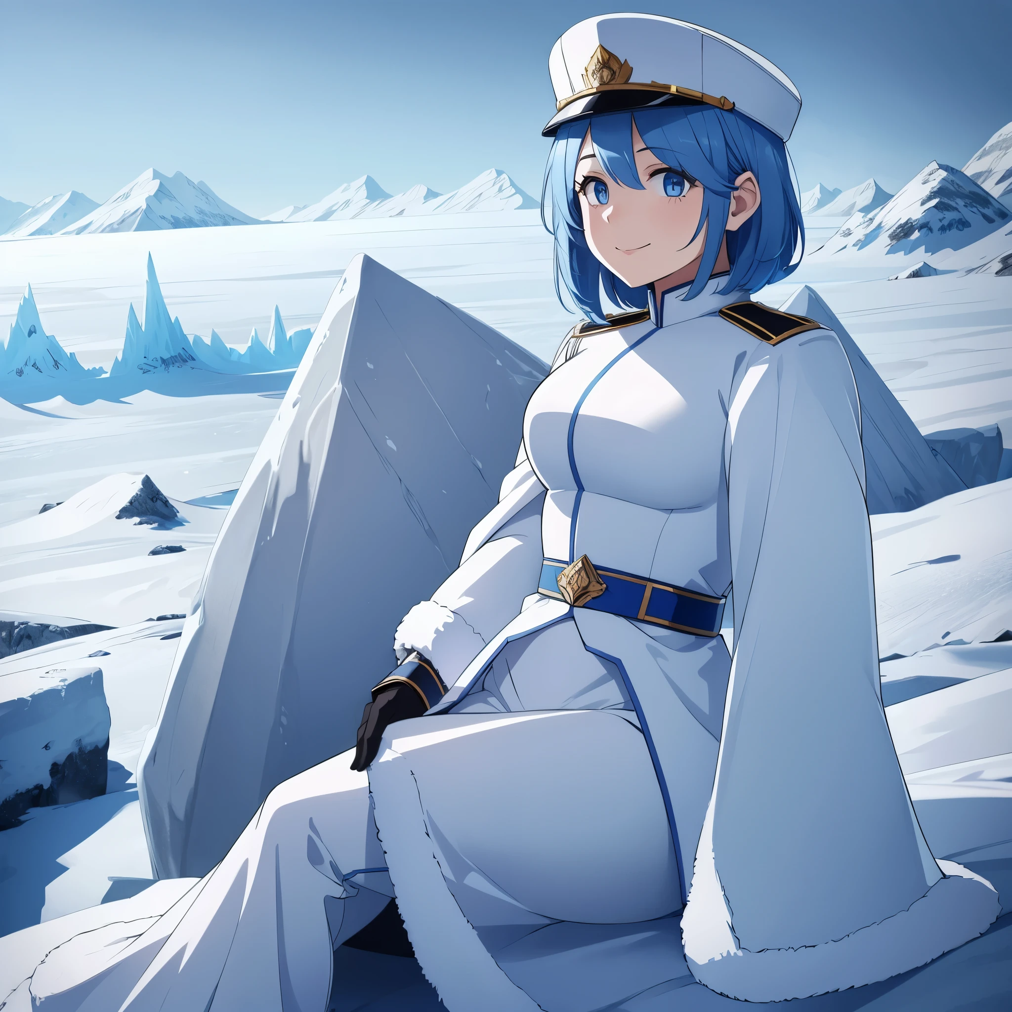 a woman in an ice landscape with ice mountains in the background, weak blue hair, blue eyes, smiling, white military uniform, white military hat.
