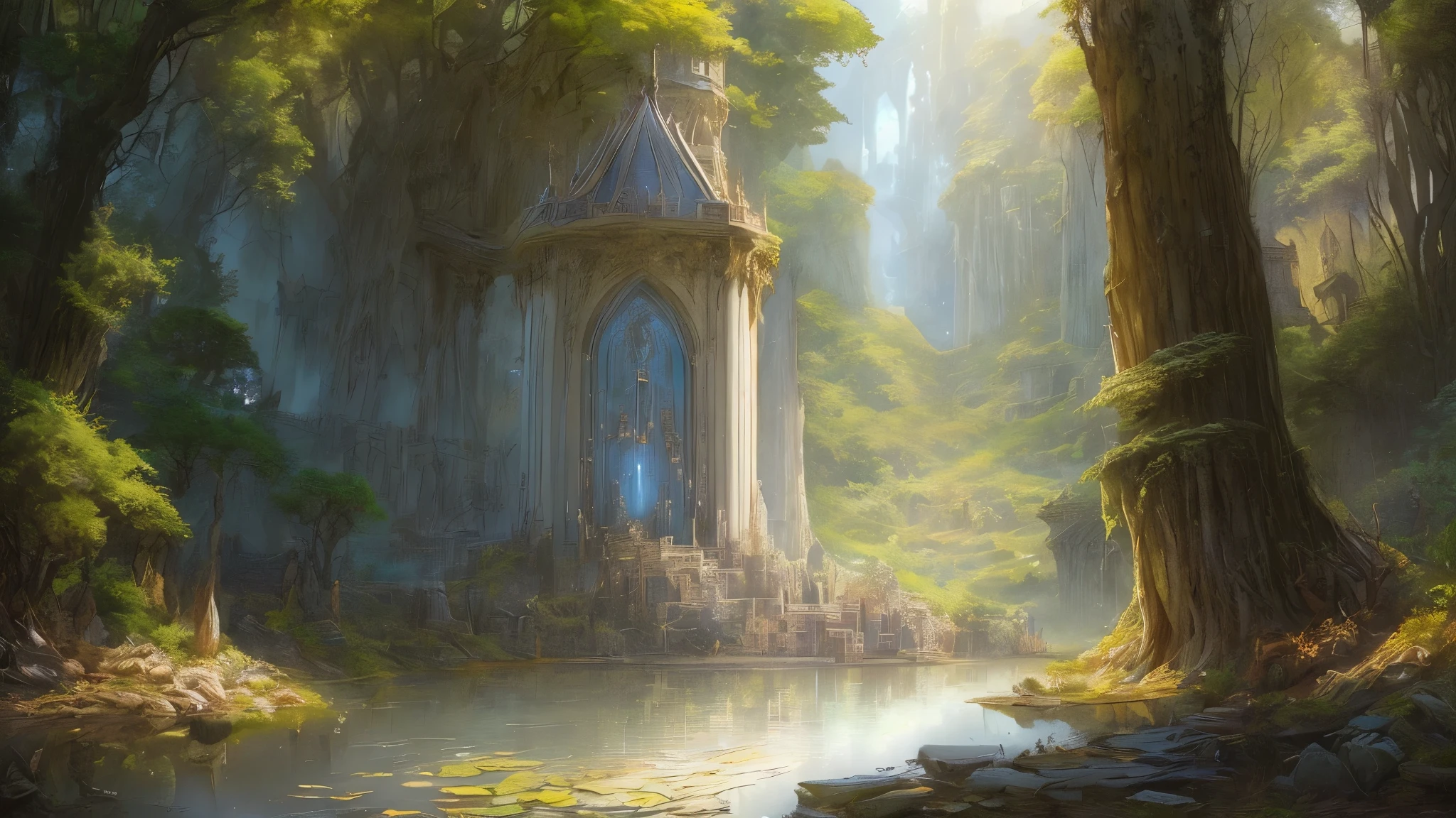 (by Greg Rutkowski: 1.2), (masterpiece), ((best quality)), extremely delicate and beautiful, illustration, (kingdom of heaven), A mesmerizing fantasy with enchanting elements blending seamlessly. A sense of tranquility and wonder fills the air, inviting exploration and discovery. From Brian Froud and Carne Griffiths and Wadim Kashin and John William Waterhouse, 8K post-production, high resolution, hyperdetailed, depth of field, HDR, intricate