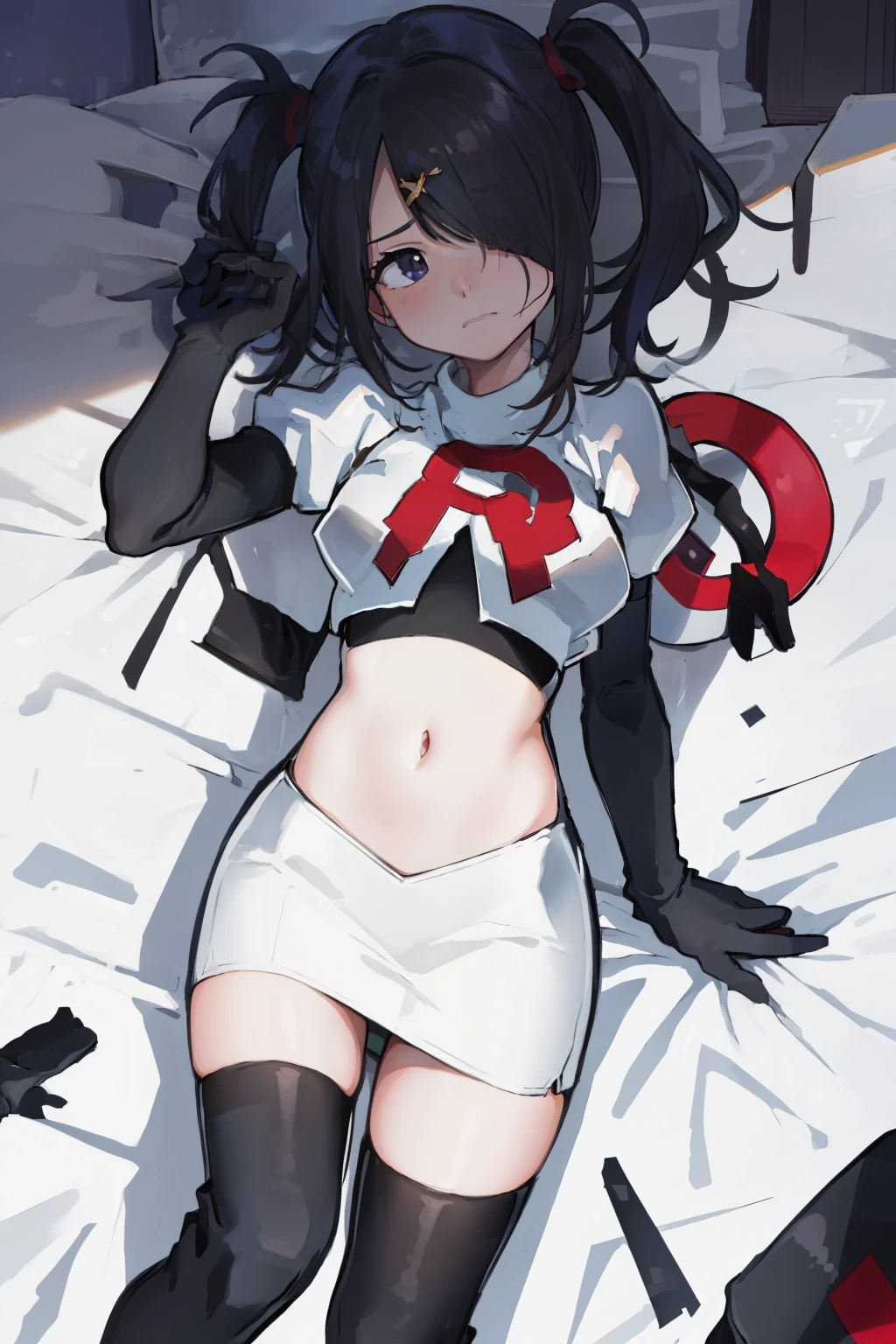 masterpiece, best quality, absurdres, 1girl, ame-chan, depressed, bags under eyes, team rocket,team rocket uniform,white skirt,red letter R,crop top,black thigh-highs,black elbow gloves