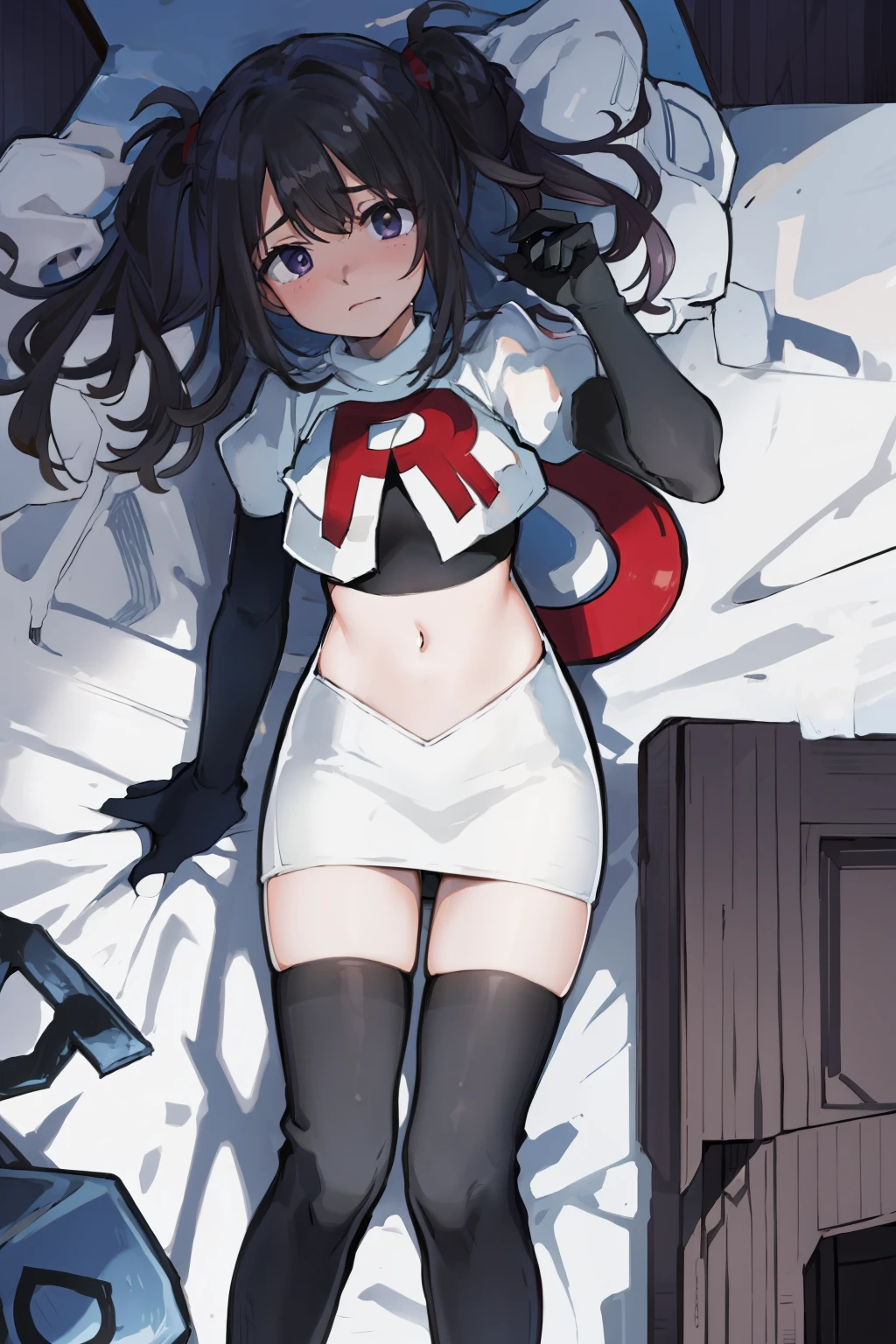 masterpiece, best quality, absurdres, 1girl, ame-chan, depressed, bags under eyes, team rocket,team rocket uniform,white skirt,red letter R,crop top,black thigh-highs,black elbow gloves