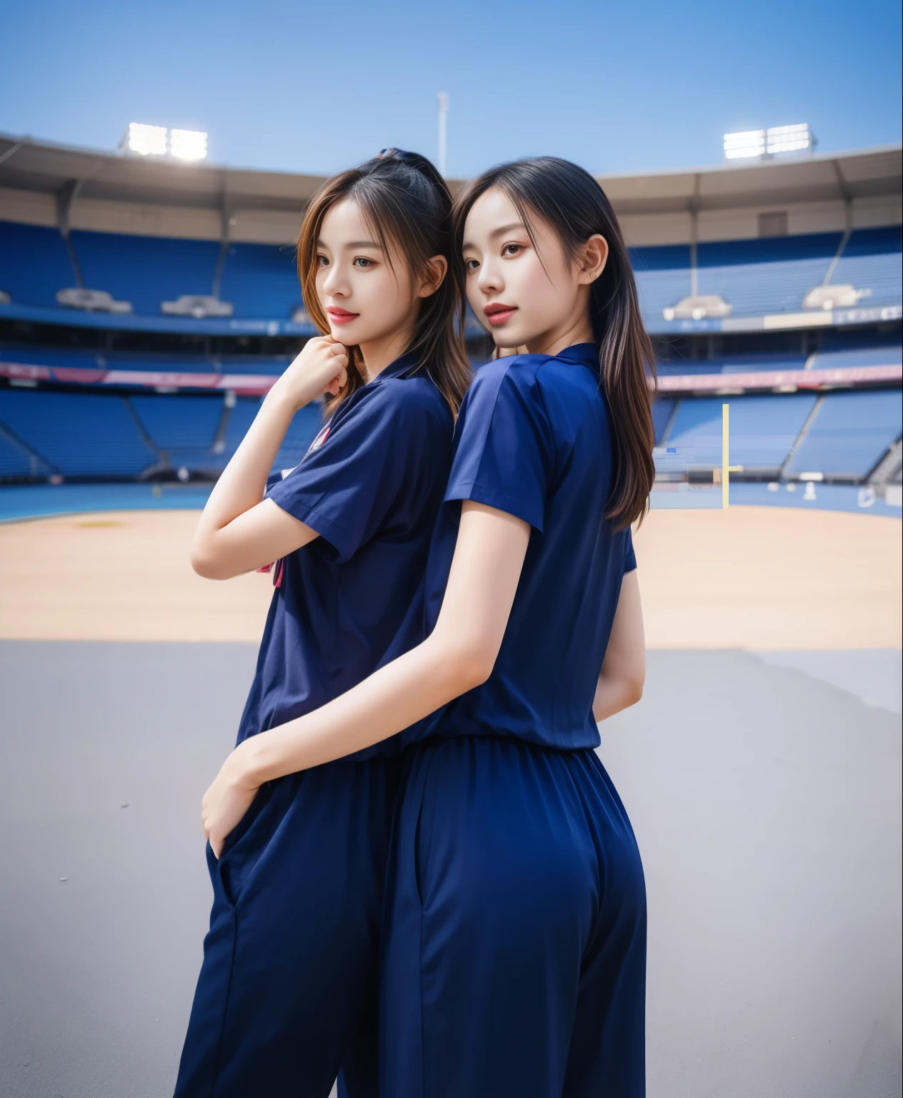 (best quality,10,10,height,Masterpiece:1.2),Special details,(realistic,ภาพrealistic,Realistic photos:1.37),1 cute girl on the football field,shiny, ผิวshiny,only,smile softly,BDclothelue shirt:1.3)),short sleeve,shirt, กางเกงขาlong.,(navy_long_track pants:1.1), ((stadium background:1.3)),Dynamic angle,excited,Face focus,dynamic poses,from behind,focus on ass,Masterpiece, best quality, ultra realistic, hyper-detail, 8K resolution, raw photos, Sharp focus, ((Navy blue shirt:1.1)), short sleeve, เส้นทางlong, perfect body, 2 mature women, 18 years old, Cinema-grade lighting system,blue sweatpants,shirtผ้าออกกำลังกาย,correct anatomy,perfect body, correct body, Sharp face, correct bodyทางกายวิภาค, full body, realistic gestures, long-haired, realistic poses,Wear long shorts................................,ช่วงขาlong,Good shape,carved girl, Slender figure, model, Good shape, beautiful body,blue sweatpants, two girls kissing
