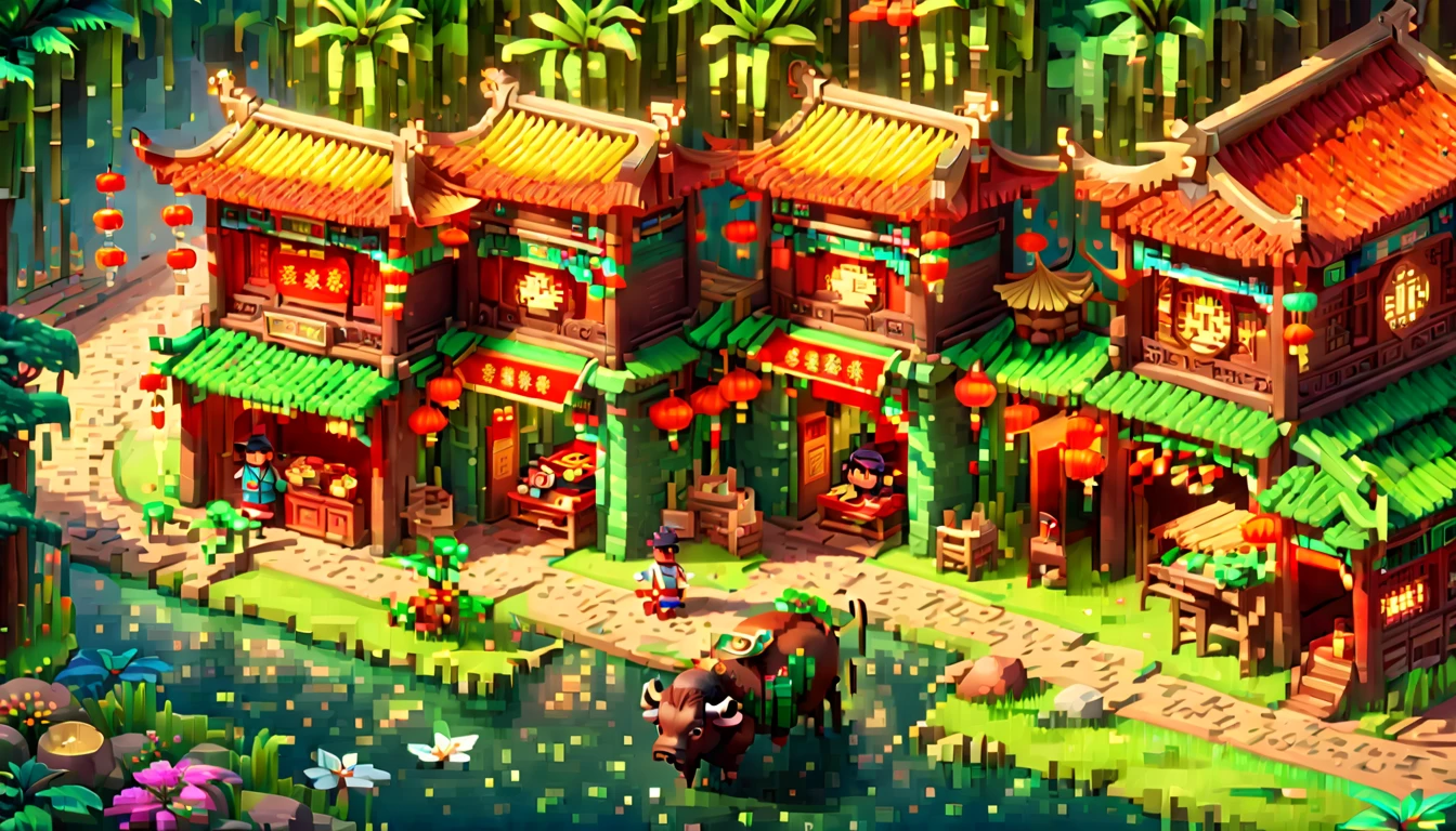 (Pixel game art style:1.2)，(masterpiece, best quality:1.2), ancient Chinese house，bright colors，traditional brick building，bamboo forest，garden，Flower path，3d，((Aerial View))，((Three View:1.8))，((1 child sitting on the back of a buffalo:1.5))，buffalo，birdie