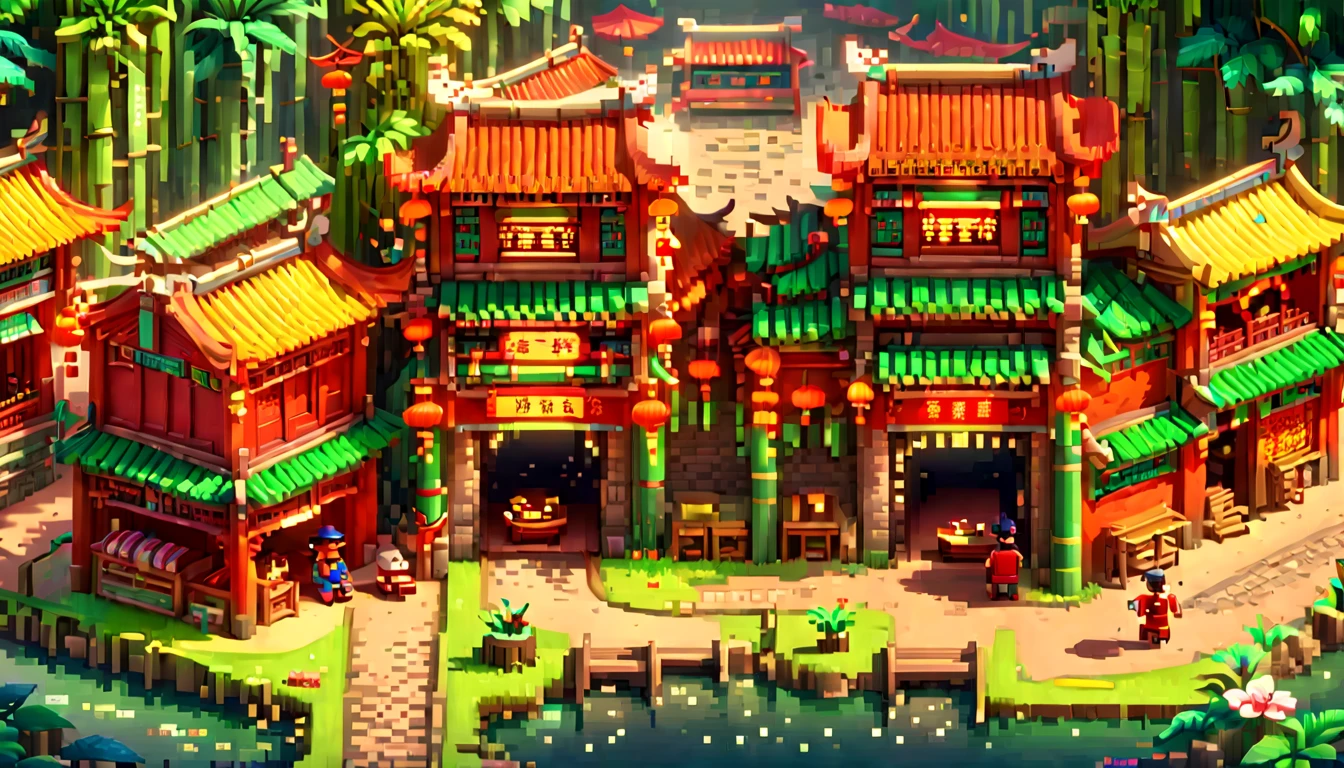 (Pixel game art style:1.2)，(masterpiece, best quality:1.2), ancient Chinese house，bright colors，traditional brick building，bamboo forest，garden，Flower path，3d，((Aerial View))，((Three View:1.8))，((1 child sitting on the back of a buffalo:1.5))，buffalo，birdie