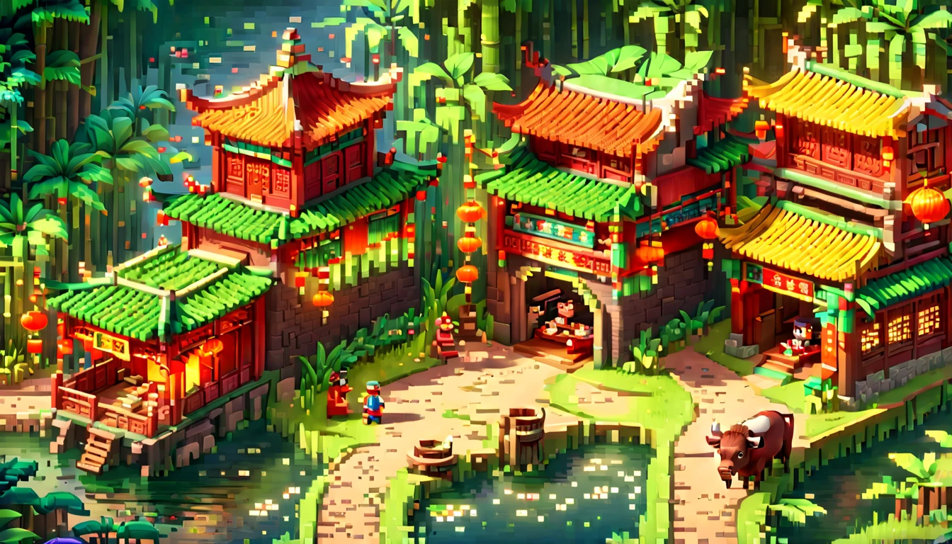 (Pixel game art style:1.2)，(masterpiece, best quality:1.2), ancient Chinese house，bright colors，traditional brick building，bamboo forest，garden，Flower path，3d，((Aerial View))，((Three View:1.8))，((1 child sitting on the back of a buffalo:1.5))，buffalo，birdie