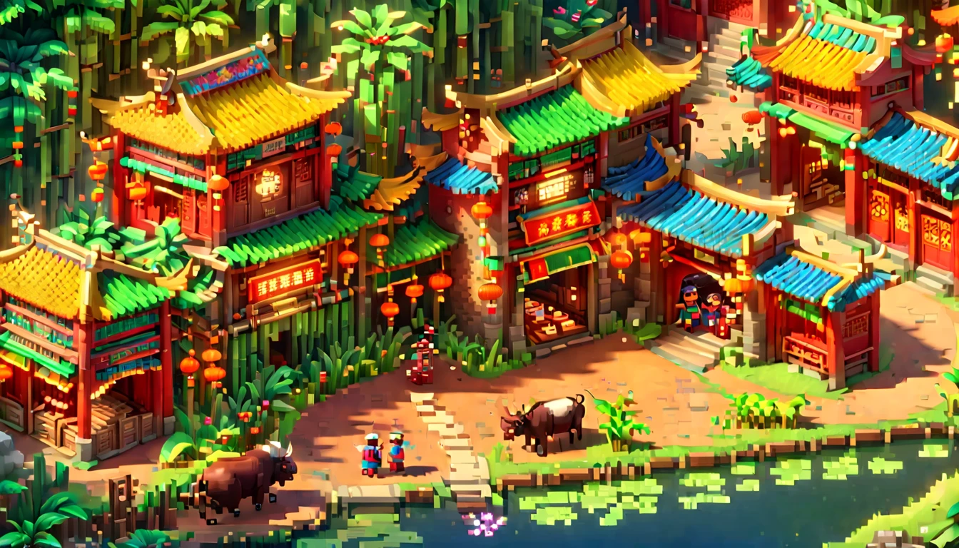 (Pixel game art style:1.2)，(masterpiece, best quality:1.2), ancient Chinese house，bright colors，traditional brick building，bamboo forest，garden，Flower path，3d，((Aerial View))，((Three View:1.8))，((1 child sitting on the back of a buffalo:1.5))，buffalo，birdie