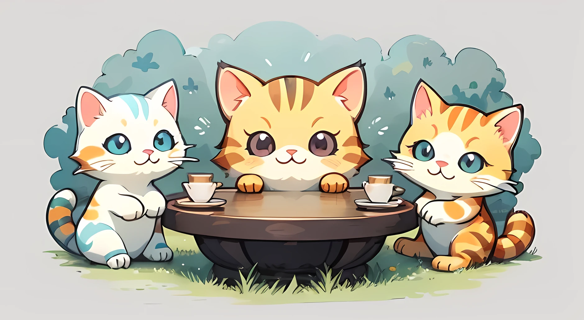 group of cute cats dining on grass, watercolor, simple background, minimal, cute, small, pastel colour, vector style,