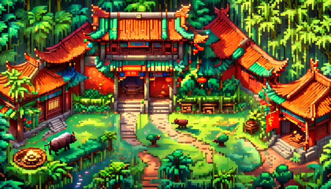 (Pixel game art style:1.2)，(masterpiece, best quality:1.2), ancient Chinese house，bright colors，traditional brick building，bamboo forest，garden，Flower path，3d，((Aerial View))，((Three View:1.8))，((1 child sitting on the back of a buffalo:1.5))，buffalo，birdie