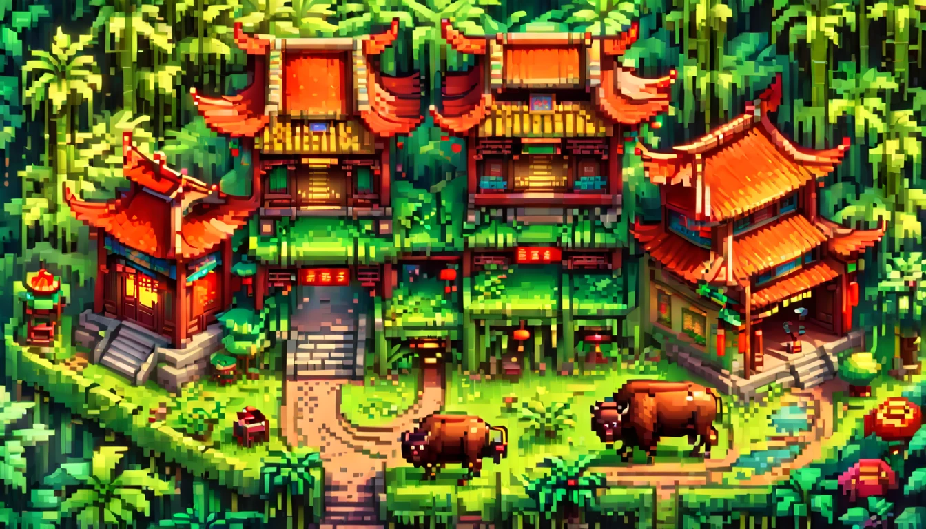 (Pixel game art style:1.2)，(masterpiece, best quality:1.2), ancient Chinese house，bright colors，traditional brick building，bamboo forest，garden，Flower path，3d，((Aerial View))，((Three View:1.8))，((1 child sitting on the back of a buffalo:1.5))，buffalo，birdie