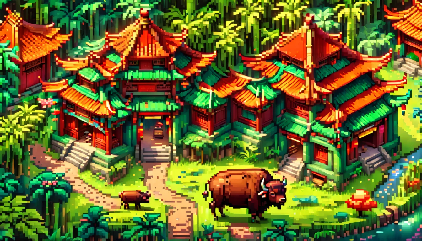 (Pixel game art style:1.2)，(masterpiece, best quality:1.2), ancient Chinese house，bright colors，traditional brick building，bamboo forest，garden，Flower path，3d，((Aerial View))，((Three View:1.8))，((1 child sitting on the back of a buffalo:1.5))，buffalo，birdie