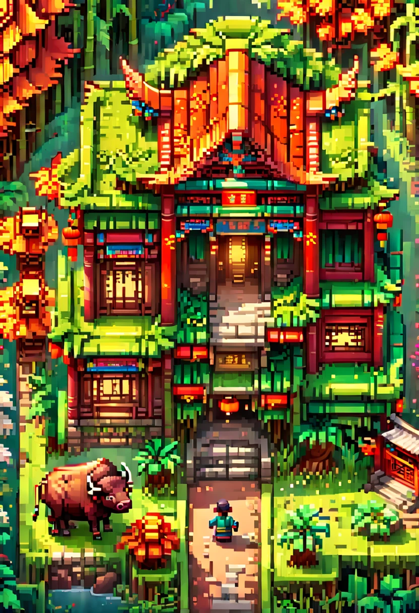 (Pixel game art style:1.2)，(masterpiece, best quality:1.2), ancient Chinese house，bright colors，traditional brick building，bamboo forest，garden，Flower path，3d，((Aerial View))，((Three View:1.8))，((1 child sitting on the back of a buffalo:1.5))，buffalo，birdie