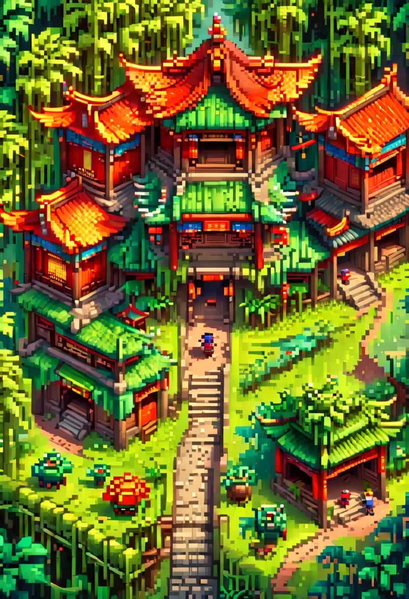 (Pixel game art style:1.2)，(masterpiece, best quality:1.2), ancient Chinese house，bright colors，traditional brick building，bamboo forest，garden，Flower path，3d，((Aerial View))，((Three View:1.8))，((1 child sitting on the back of a buffalo:1.5))，buffalo，birdie