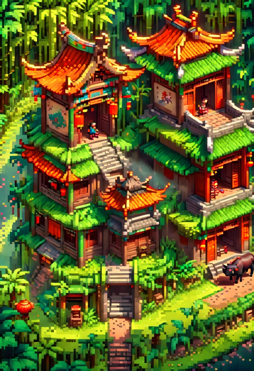 (Pixel game art style:1.2)，(masterpiece, best quality:1.2), ancient Chinese house，bright colors，traditional brick building，bamboo forest，garden，Flower path，3d，((Aerial View))，((Three View:1.8))，((1 child sitting on the back of a buffalo:1.5))，buffalo，birdie