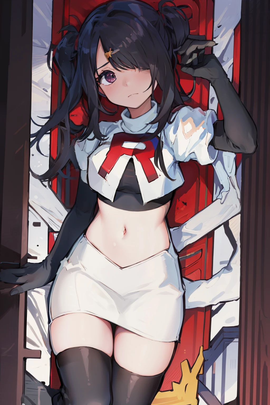 masterpiece, best quality, absurdres, 1girl, ame-chan, depressed, bags under eyes, team rocket,team rocket uniform,white skirt,red letter R,crop top,black thigh-highs,black elbow gloves