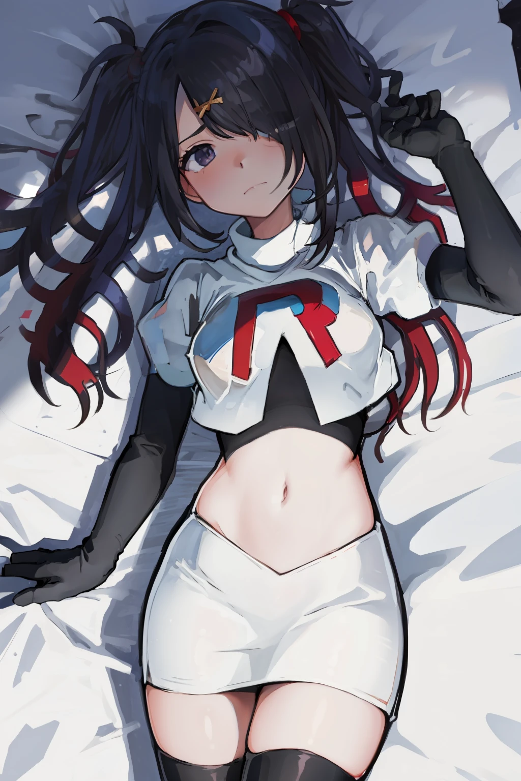 masterpiece, best quality, absurdres, 1girl, ame-chan, depressed, bags under eyes, team rocket,team rocket uniform,white skirt,red letter R,crop top,black thigh-highs,black elbow gloves