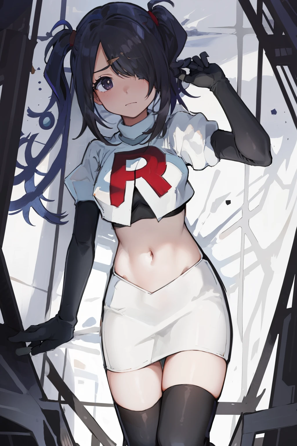 masterpiece, best quality, absurdres, 1girl, ame-chan, depressed, bags under eyes, team rocket,team rocket uniform,white skirt,red letter R,crop top,black thigh-highs,black elbow gloves