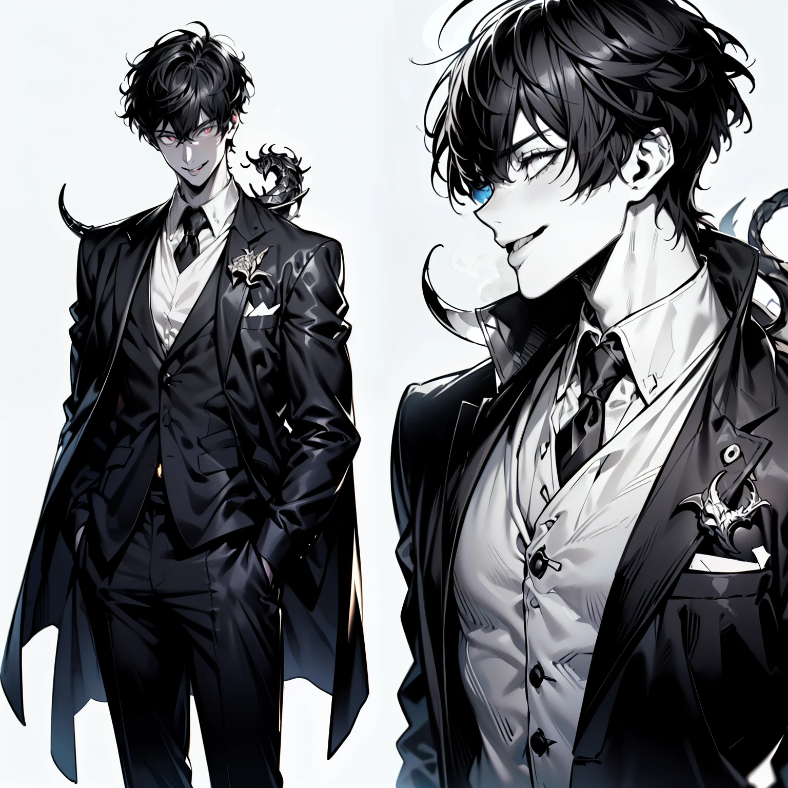 1boy, ((character concept, character_sheet, full_body)), classic suit, skinny body, alone man, concept art men, classic pants, Dress Shoes, multicolored eyes, bangs, blunt bangs, grin, tongue out, (dragon horn), (multiple views, close-up, from above, from behind, from side, perspective, atmospheric perspective, cinematic lighting, glowing light, bloom, caustics), anime style, (((much contrast, contrast, highres, 8k, award winning, high quality, high details, super detail, anatomically correct, masterpiece, ccurate, retina, UHD))), White background