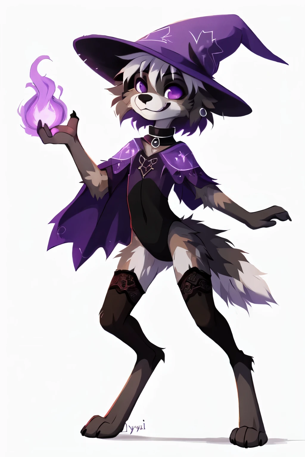 No background, white background, ((by reysi)), Furry, solo, ((Australian Shepard)), (dark fur, grey fur), ((teen)), ((male)), ((full body)), ((digitigrade legs, paws)), ((slender, skinny)), white hair, (black makeup, evil smile, ear ring, tight choker), (purple leotard, arcane patterns, see-through stockings, lace poncho, wizard hat, dick outline), (fluffy butt, short tail), (dynamic pose), (tentacle magic)