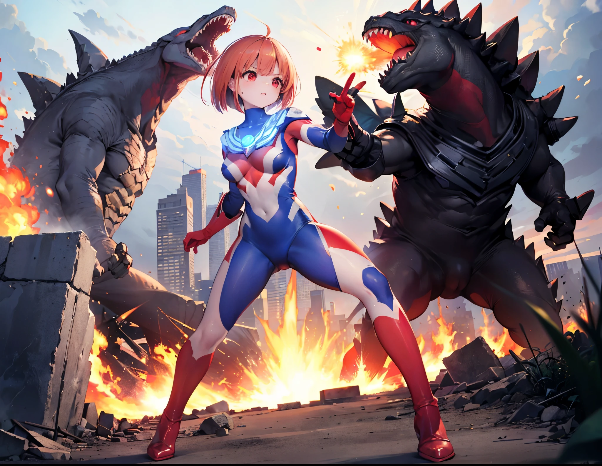 highest quality, ultra detail, High quality CG drawing, The most delicate and beautiful, Floating gently, High resolution, (1 giant woman), (Highest image quality,4K,8K,masterpiece:1.2),(all red hair:1.5),(short bob:1.5),(red eyes:1.5), Ultraman,(ultra girl :1.0), (赤いUltramanボディスーツ:1.4),slightly bigger breasts,red gloves,(rampage :1.0), whole body, (troubled face :1.2), (finding stance), ((dynamic), be familiar with fingers, be familiar with hands, be familiar with face), everything is complicated, Godzilla (attack :1.2), (battle with monsters, battle with monsters, finding), be familiar with (Ruined buildings) behind, outside,The city is engulfed in flames