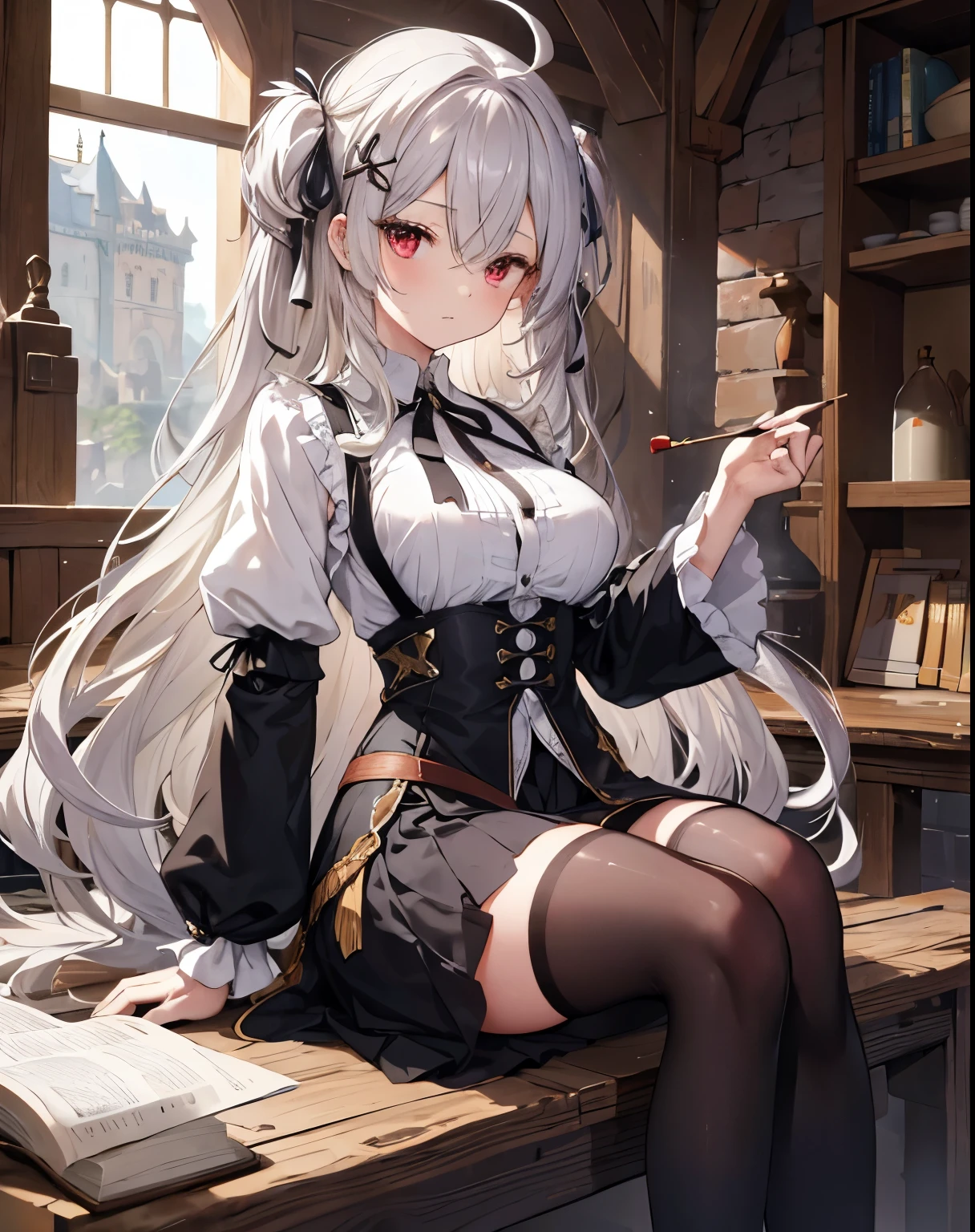 masterpiece,1girl, sparrow, a silver haired girl, wearing a medieval herbalist clothes, curly long hair, messy hair, black skirt, slim body, hair ribbon, medium breasts, she close her left eye, shirt ornament, lolippai, sad expression, beautiful breasts, rounded breasts, red eyes, dress, miniskirt, sit at medieval village, ahoge,