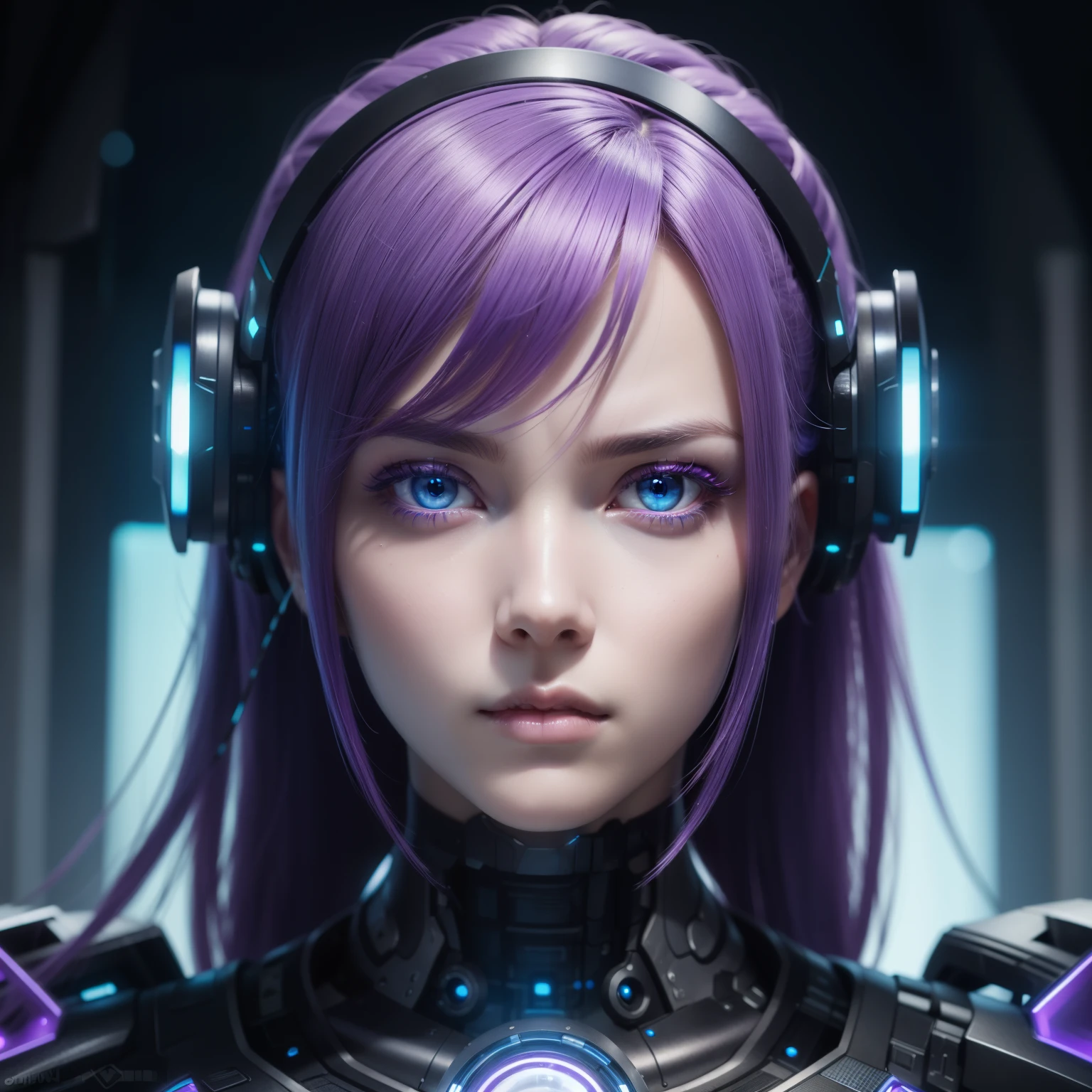 Centered portrait of an ultra detailed Mechanical Cyberpunk Female Android, purple hair, light blue eyes, looking into the camera, intricate, elegant, super highly detailed, sharp focus, no blur, no dof, extreme illustration, Unreal,  full body (details), full body very detailed