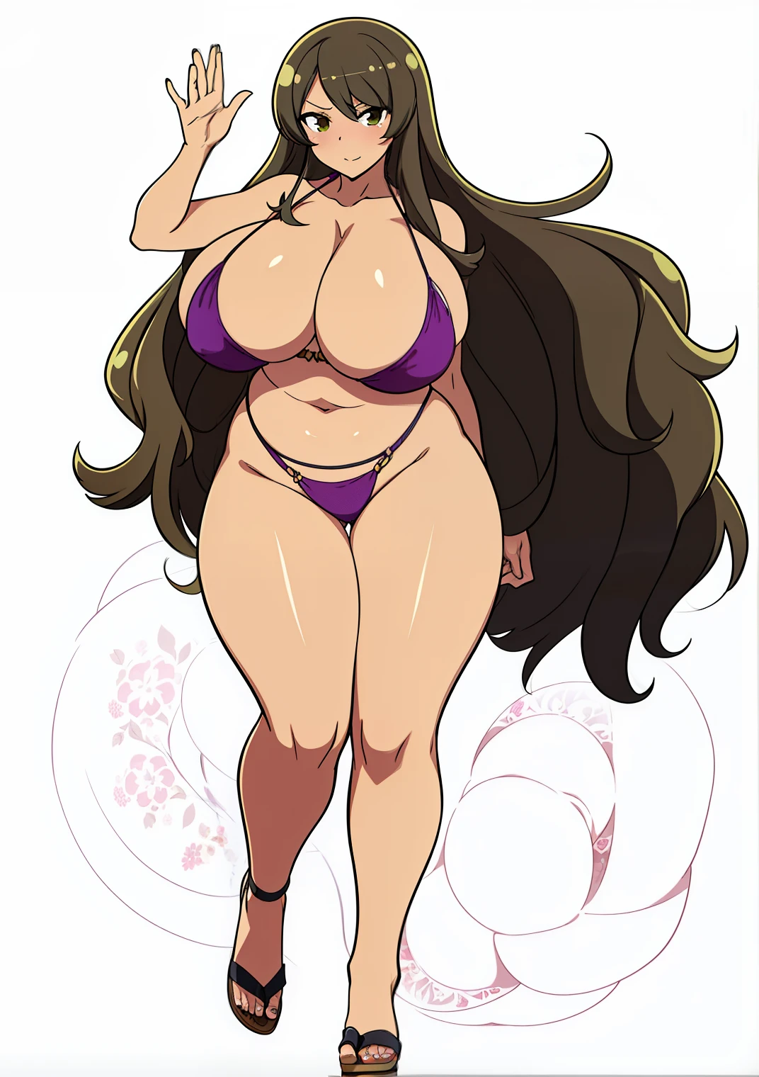 Cartoon image of a woman wearing a bikini, tits, tits proportions, big breasts!!, Close-up of lower body, big breasts!, Close-up of intense gesture style, She has a plump, round belly, huge breasts in covered sfw, junko enoshima, big breastsを持つ, Full body close-up shot, thick, big breastsを持つ,ageha,dark skin