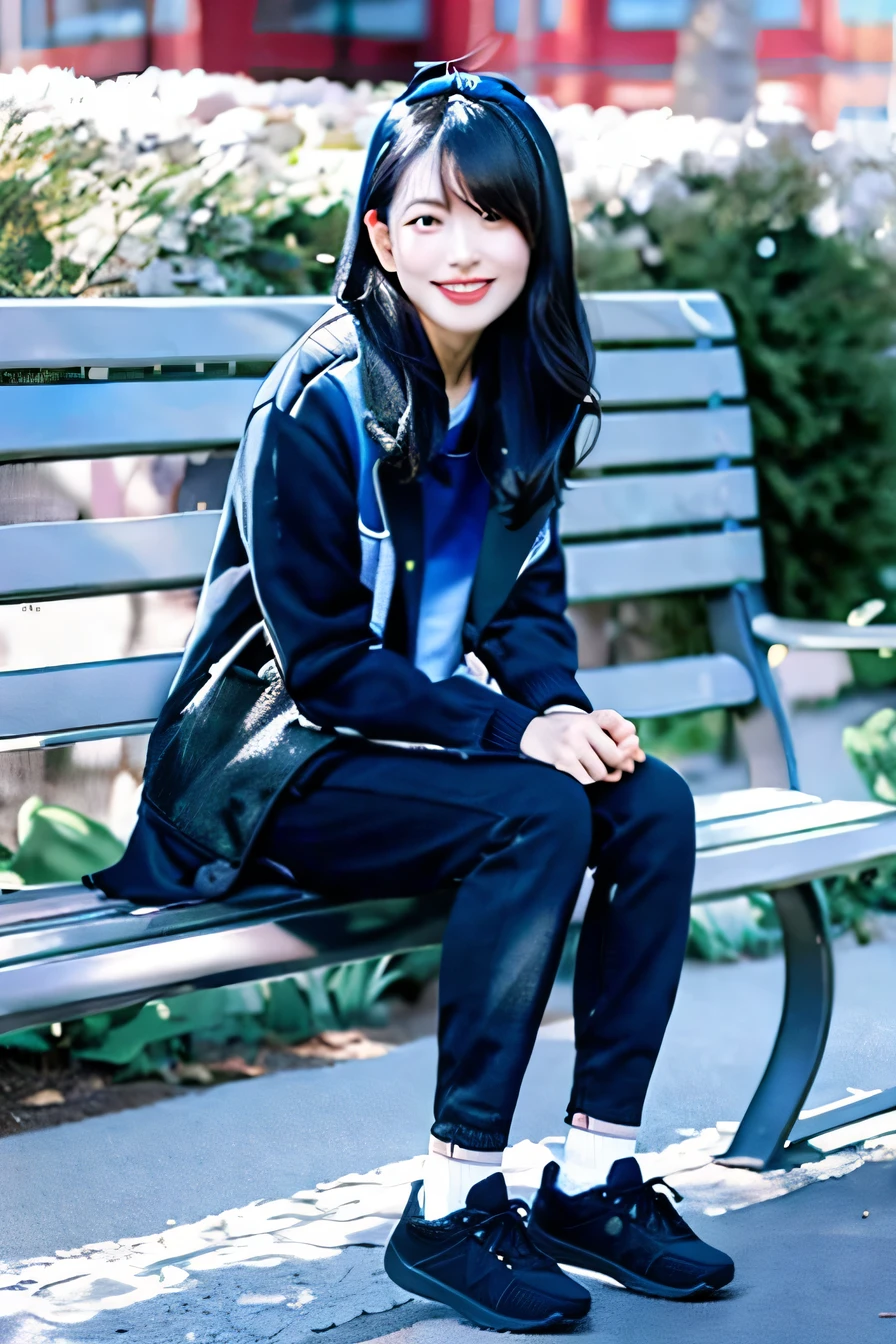 A neat and beautiful woman sitting on a park bench、black hair、hoodie、skinny denim、black sneakers、socks slightly visible through shoes、smile、smile showing teeth、full body photo、have