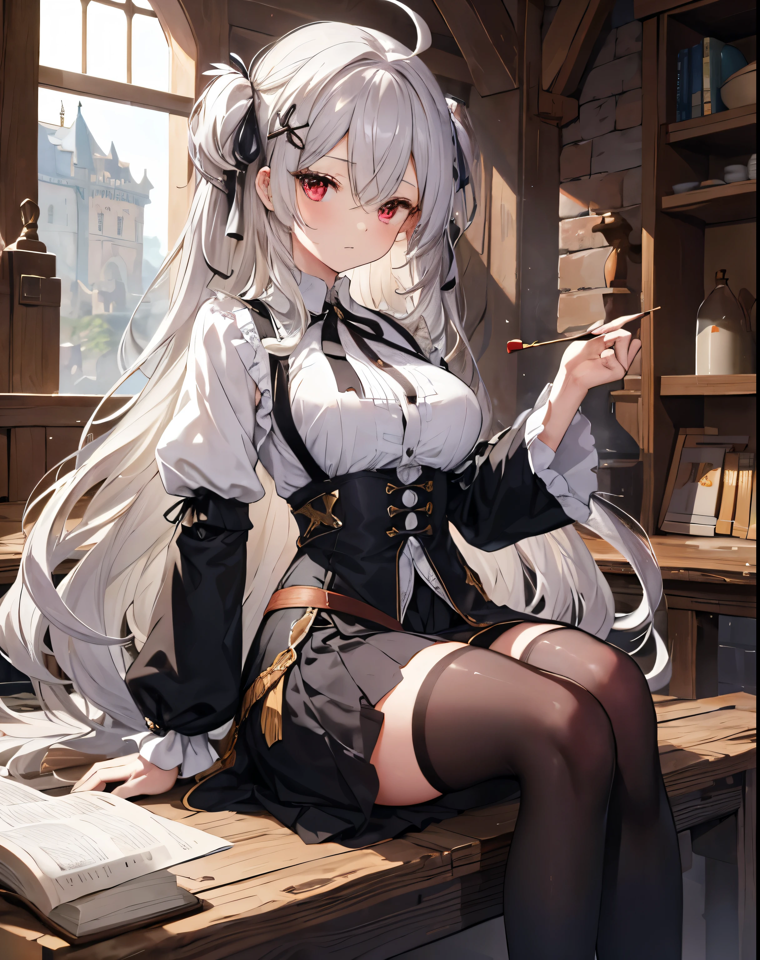 masterpiece,1girl, sparrow, a silver haired girl, wearing a medieval herbalist clothes, curly long hair, messy hair, black skirt, slim body, hair ribbon, medium breasts, she close her left eye, shirt ornament, lolippai, sad expression, beautiful breasts, rounded breasts, red eyes, dress, miniskirt, sit at medieval village, ahoge,