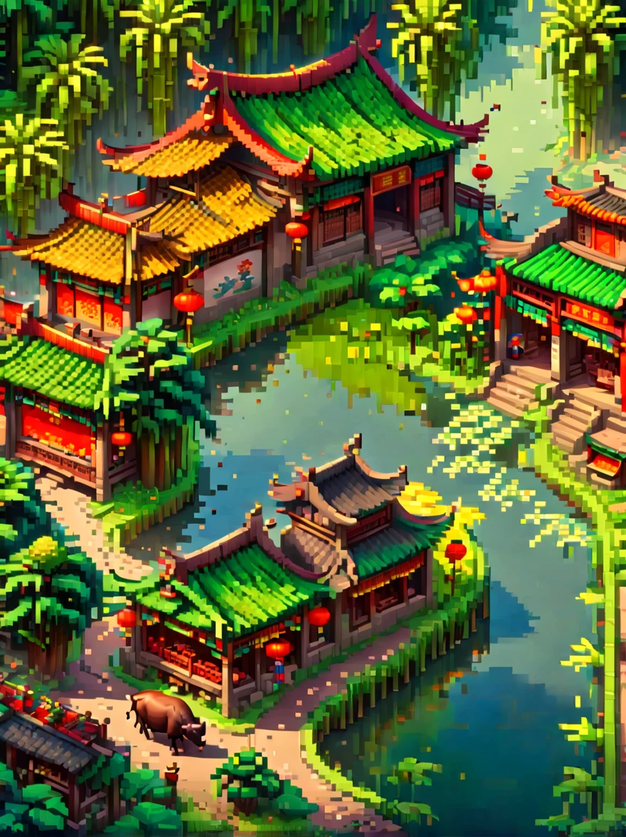 (Pixel game art style:1.2)，(masterpiece, best quality:1.2), ancient Chinese house，bright colors，traditional brick building，bamboo forest，garden，Flower path，3d，((Aerial View))，((Three View:1.8))，((1 child sitting on the back of a buffalo:1.5))，buffalo，birdie