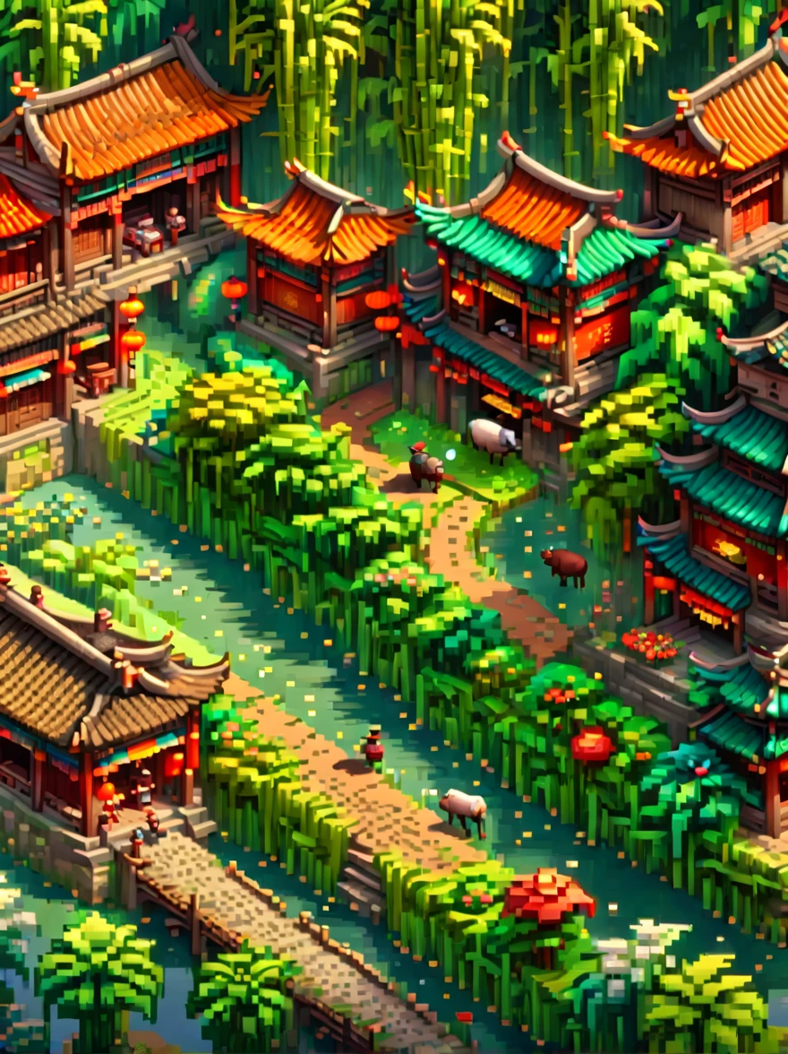 (Pixel game art style:1.2)，(masterpiece, best quality:1.2), ancient Chinese house，bright colors，traditional brick building，bamboo forest，garden，Flower path，3d，((Aerial View))，((Three View:1.8))，((1 child sitting on the back of a buffalo:1.5))，buffalo，birdie