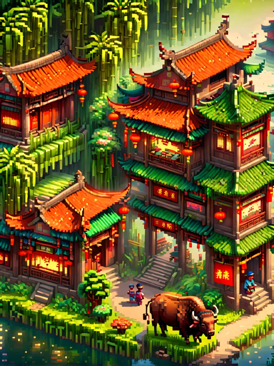 (Pixel game art style:1.2)，(masterpiece, best quality:1.2), ancient Chinese house，bright colors，traditional brick building，bamboo forest，garden，Flower path，3d，((Aerial View))，((Three View:1.8))，((1 child sitting on the back of a buffalo:1.5))，buffalo，birdie