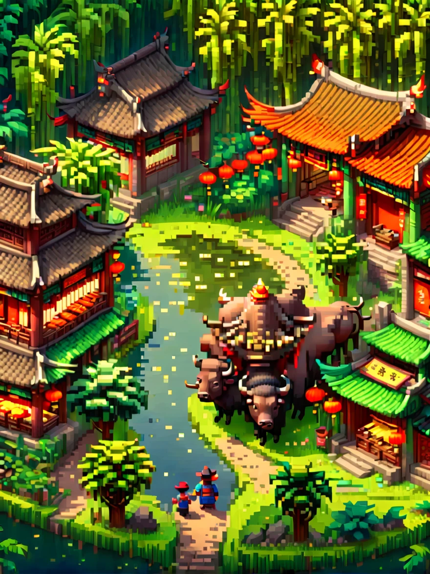 (Pixel game art style:1.2)，(masterpiece, best quality:1.2), ancient Chinese house，bright colors，traditional brick building，bamboo forest，garden，Flower path，3d，((Aerial View))，((Three View:1.8))，((1 child sitting on the back of a buffalo:1.5))，buffalo，birdie