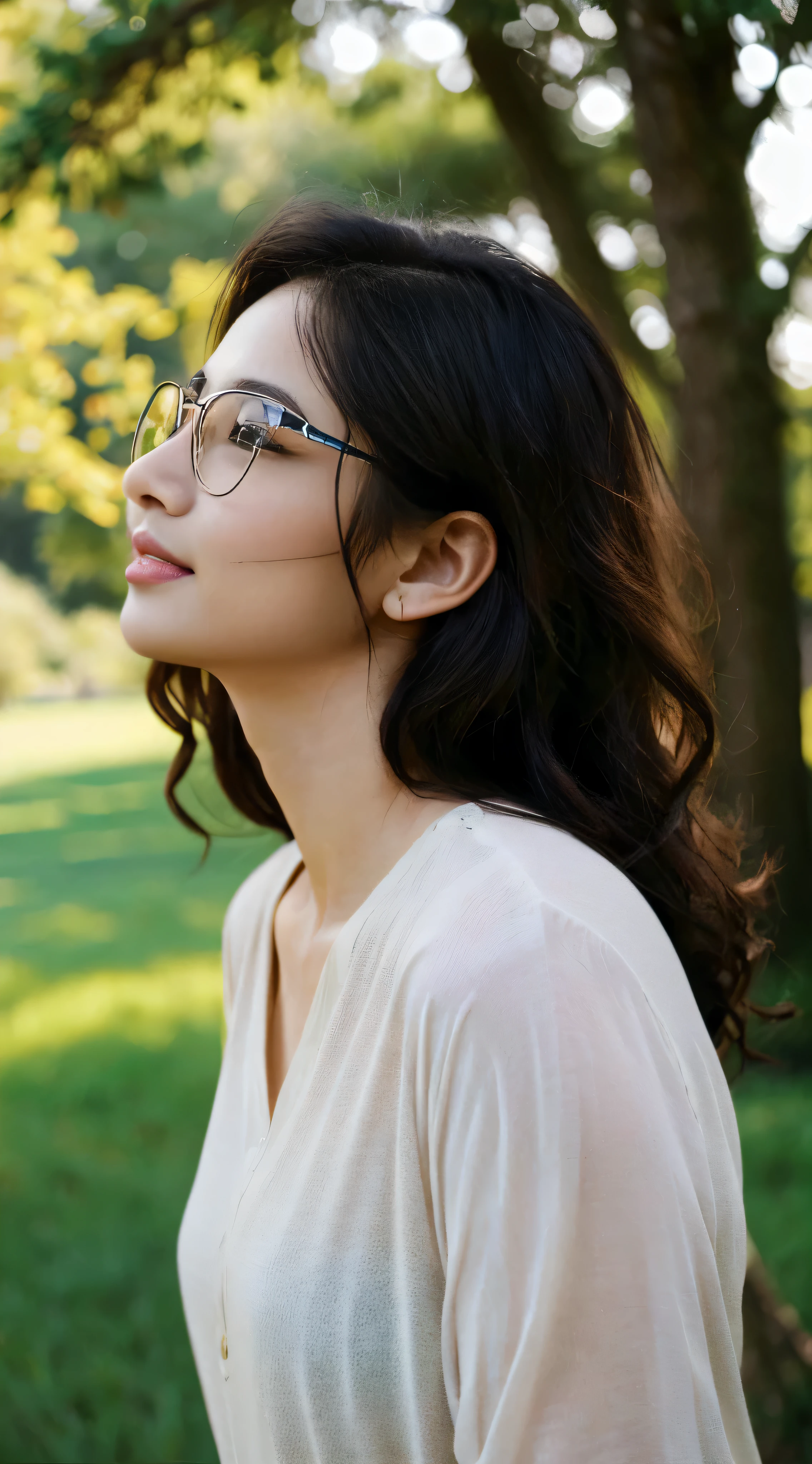 with high definition images，Young sits on the lush grass, surrounded by the serene silence of nature. Her long, black curly hair cascades down her shoulders, framing her delicate features. She wears glasses perched on her nose, adding to her intellectual and thoughtful appearance. A delicate smile graces her lips as she looks up at the vast, star-studded sky, her bright brown eyes filled with wonder and curiosity. The scene is bathed in the warm, soft light of a nearby lamp, casting long shadows and creating a whole body illusion of Young's slender figure. In the background, a huge tree stands tall, its leaves rustling gently in the breeze. The farther view reveals a tent nestled among the trees　Japanese beauty