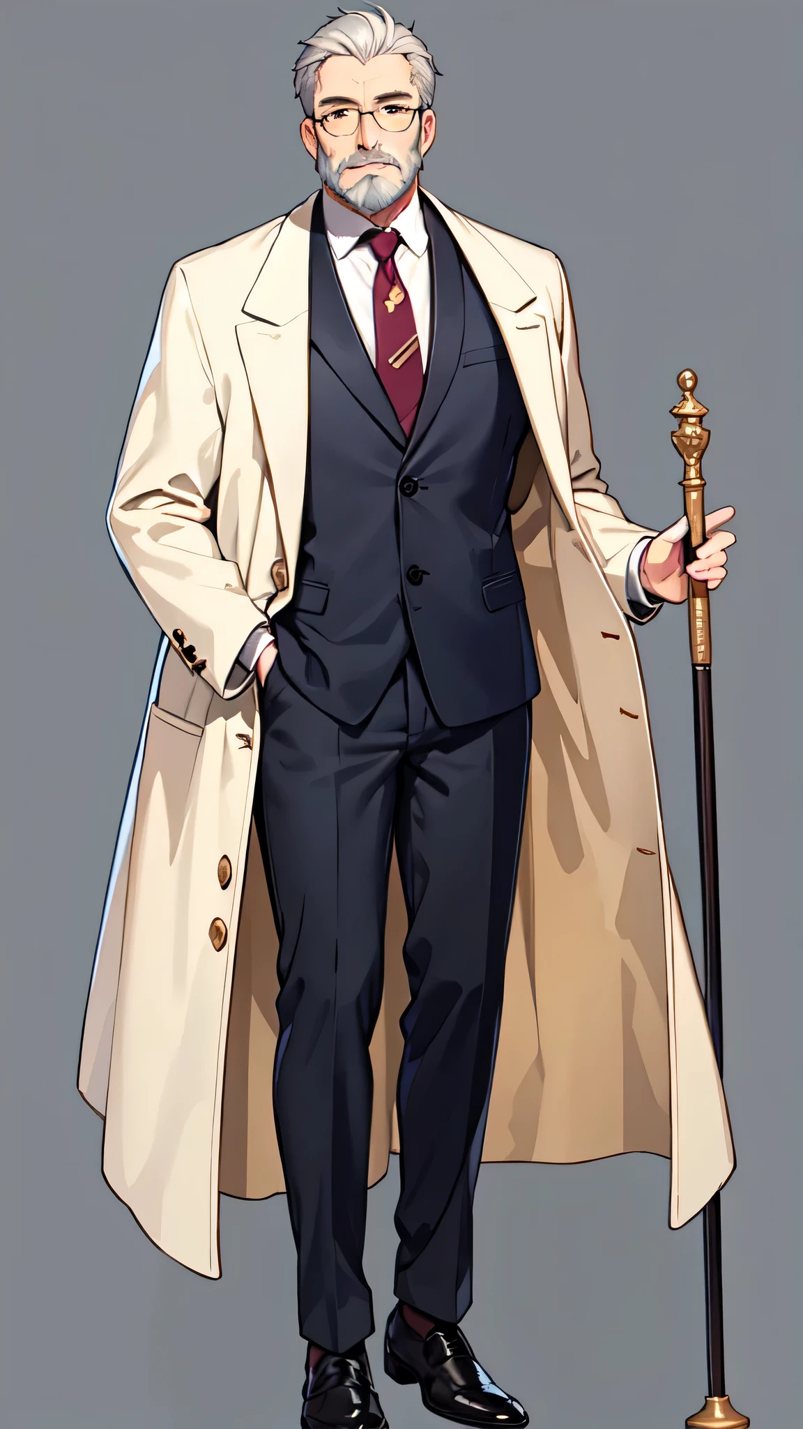 (masterpiece,best quality) , cane, 1boy, old, solo, male focus, old man, necktie, glasses, arm behind back, holding cane, formal, white background, facial hair, suit, full body, grey hair, simple background, coat, standing, pants, black footwear, shoes, beard, wrinkled skin, looking at viewer