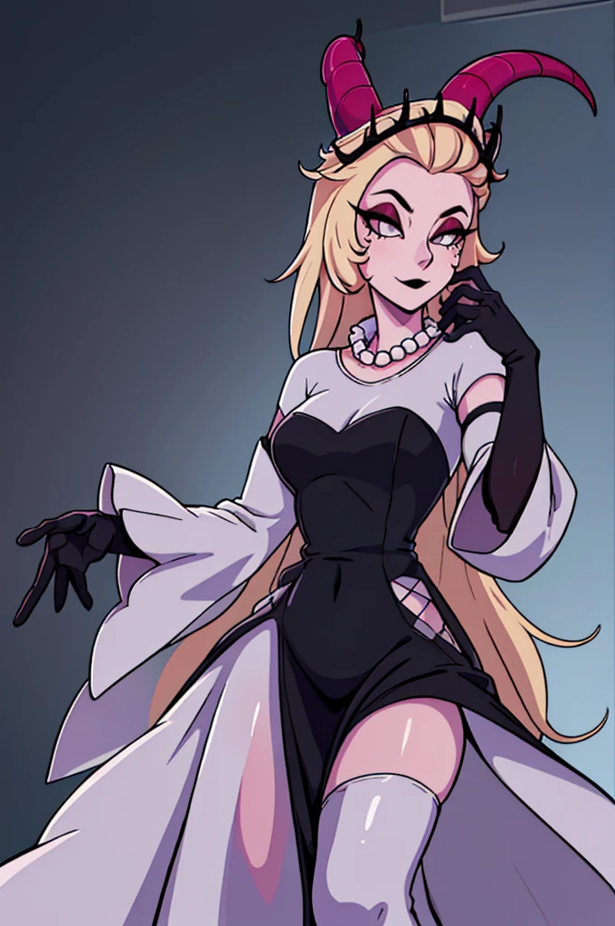 (Lilith:1.2), (grey/gray skin, grey sclera, long blonde hair, white iris, demon horns, makeup), (DefaultOutfit:1.2), (long dress, sleeves, gloves, black dress:1.5), (castle, inside a castle, Victorian theme), (realistic:1.2), (masterpiece:1.2), (full-body-shot:1),(Cowboy-shot:1.2), neon lighting, dark romantic lighting, (highly detailed:1.2),(detailed face:1.2), (gradients), colorful, detailed eyes, (detailed landscape:1.2), (natural lighting:1.2), (powerful pose:1.2), (solo, one person, 1girl:1.5), lilith, hazbin , black dress