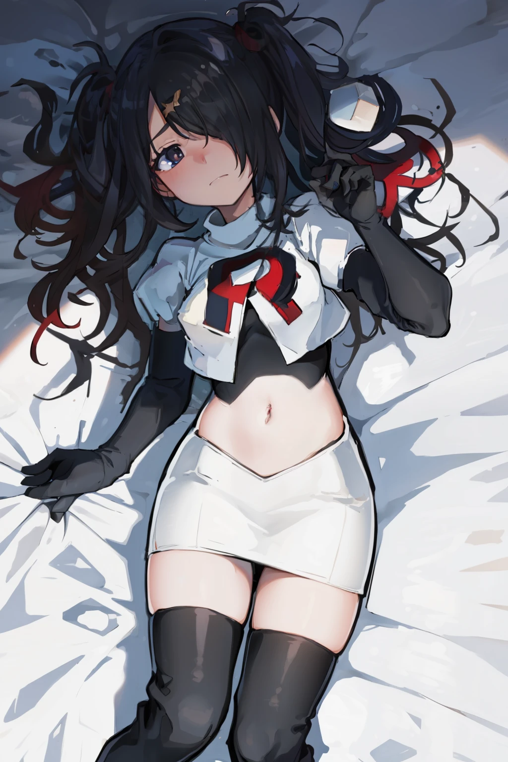 masterpiece, best quality, absurdres, 1girl, ame-chan, depressed, bags under eyes, team rocket,team rocket uniform,white skirt,red letter R,crop top,black thigh-highs,black elbow gloves