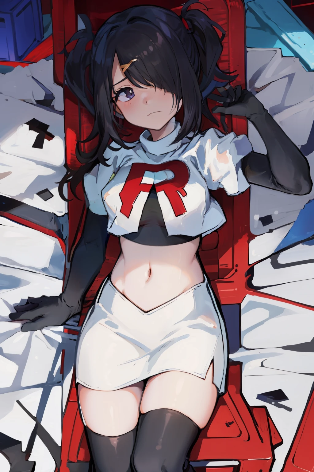 masterpiece, best quality, absurdres, 1girl, ame-chan, depressed, bags under eyes, team rocket,team rocket uniform,white skirt,red letter R,crop top,black thigh-highs,black elbow gloves